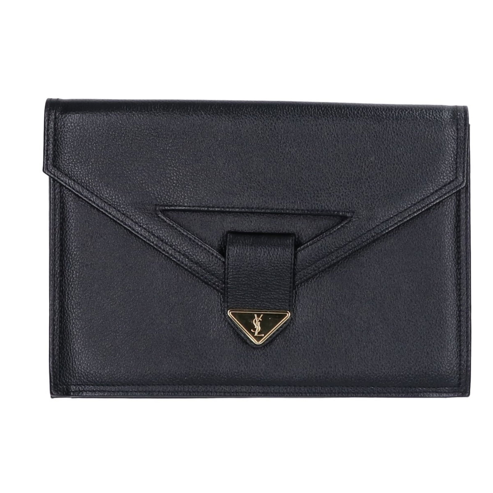 Saint Laurent Yves Clutch Leather Bag: Saint Laurent Yves Clutch Leather Bag Black leather Yves Saint Laurent clutch bag with gold accents, measuring 19cm x 27cm x 2cm. The bag shows signs of usage, including scratches and dirt, but