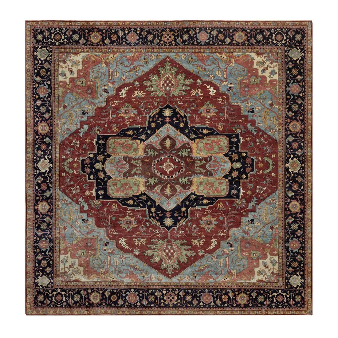 14'2"x14'2" Red Hand Knotted Rug Antiqued Heris Re-Creation Wool Square: 14'2"x14'2" Red Hand Knotted Rug Antiqued Heris Re-Creation Wool Square The Heris-style rug boasts a stunning red field with intricate medallion pattern, creating a visually striking design. Hand-knot