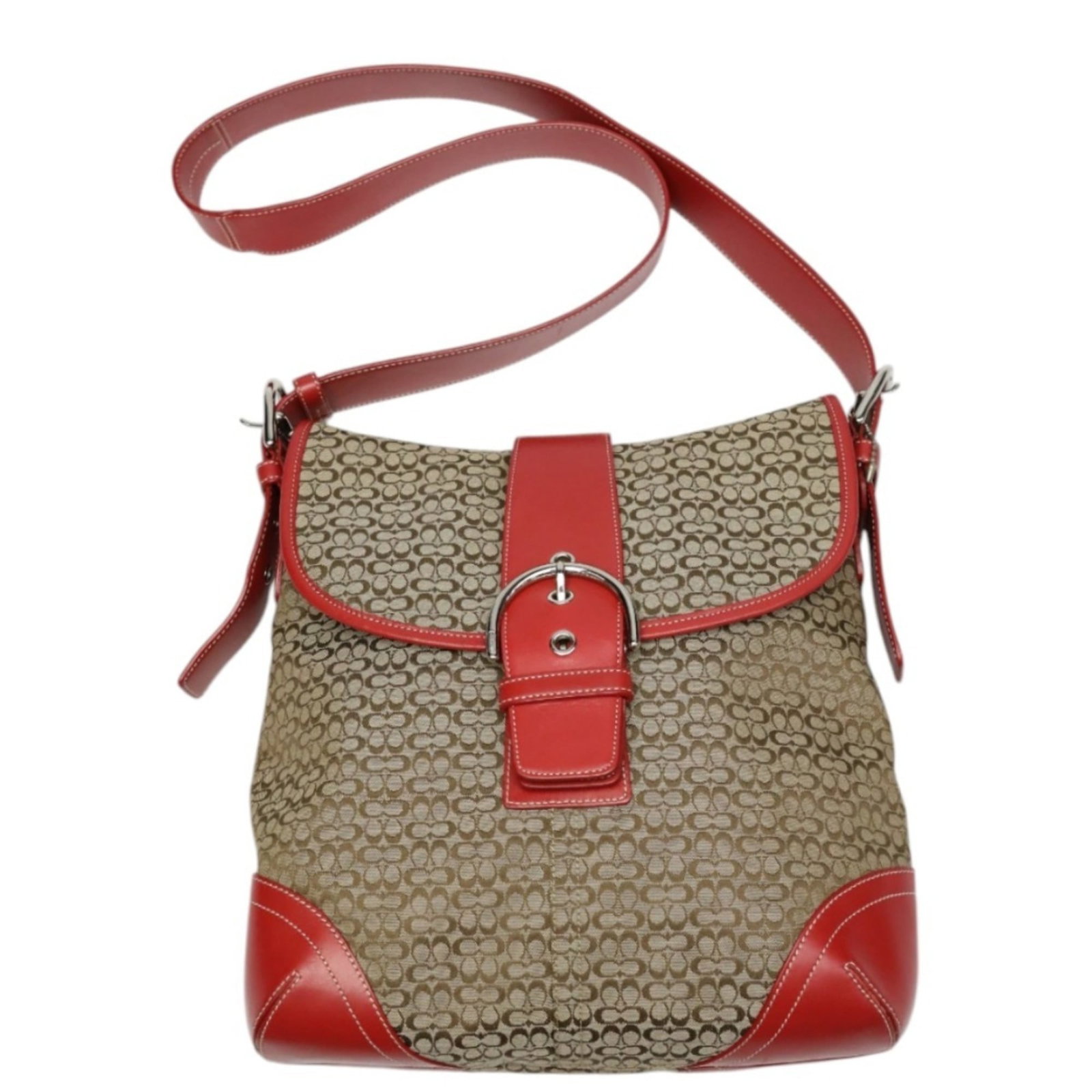 Coach Shoulder Bag Canvas: Coach Shoulder Bag Canvas Brown and red canvas shoulder bag from Coach, featuring a classic design with traces of usage and minor scratches. The bag measures 28cm x 26cm x 8cm and is in good