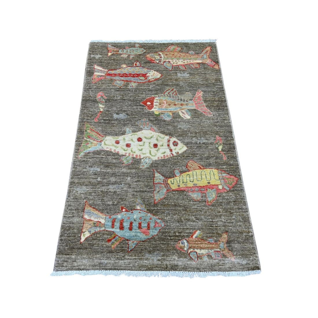 2'10"x4'9" Brown Peshawar Oceanic Fish Design Soft Wool Hand Knotted Rug: 2'10"x4'9" Brown Peshawar Oceanic Fish Design Soft Wool Hand Knotted Rug Brown Peshawar Oceanic Fish Design Soft Wool Hand Knotted Rug, measuring 2'10"x4'9" in a rectangular field design with a brown