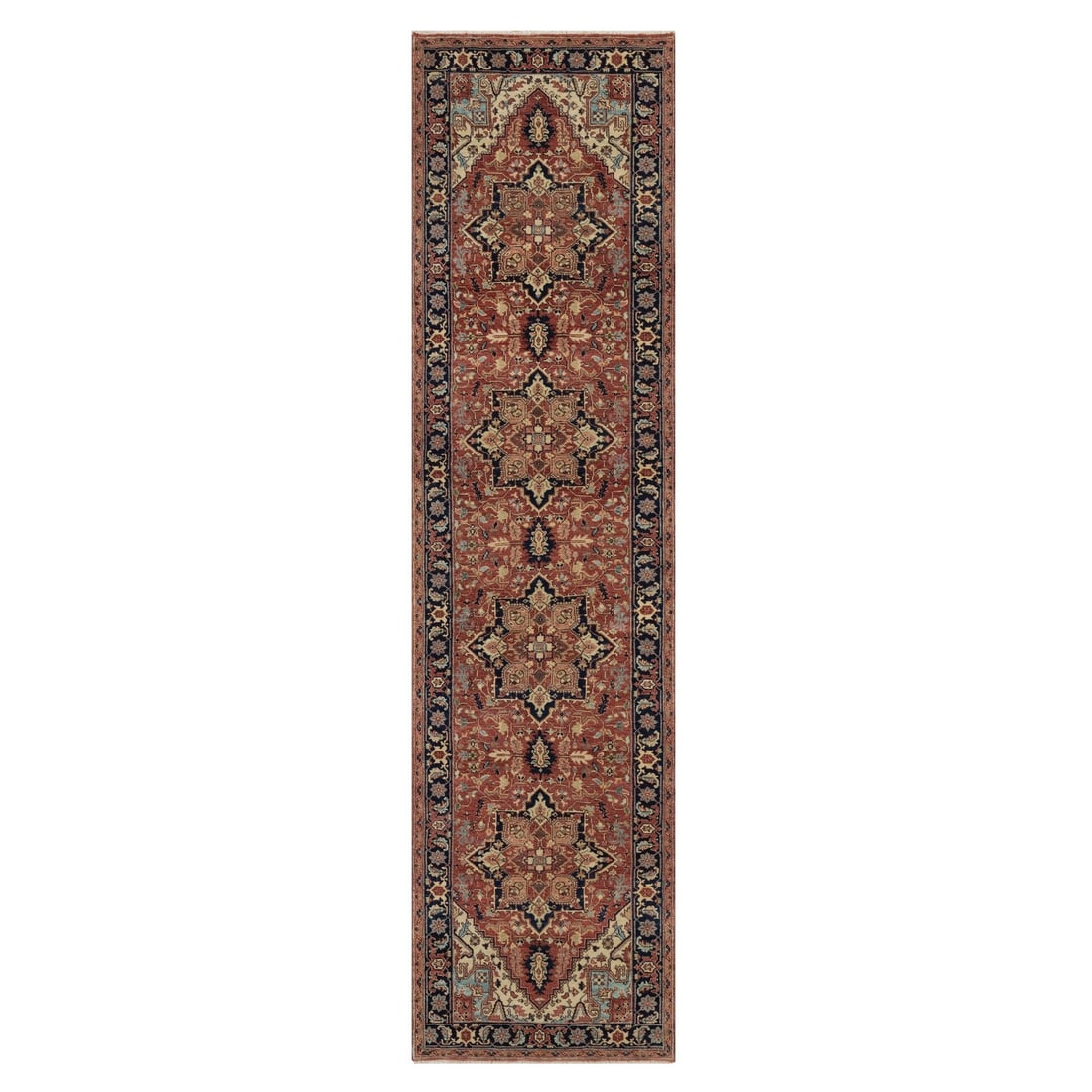 2'7"x10'2" Red Antiqued Heris Re-Creation Hand Knotted Wool Runner Rug: 2'7"x10'2" Red Antiqued Heris Re-Creation Hand Knotted Wool Runner Rug Red Antiqued Heris Re-Creation Hand Knotted Wool Runner Rug boasts a striking geometric pattern in shades of red, green, yellow, 