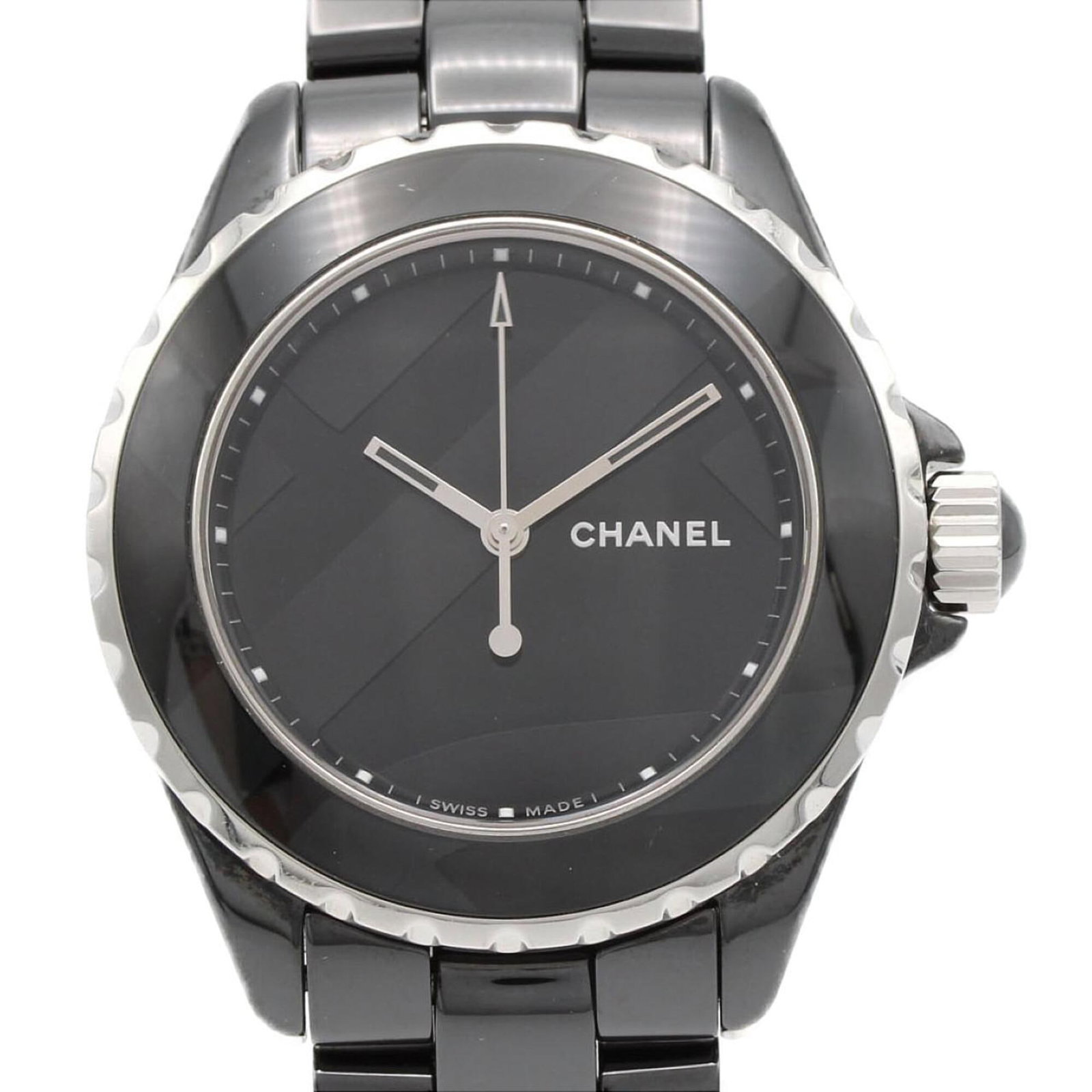 Chanel Wristwatch: Chanel Wristwatch Ceramic case and band, black dial, 38mm diameter, suitable for wrists up to 15cm in length. This Chanel wristwatch bears a few traces of usage, with some scratches and dirt visible,