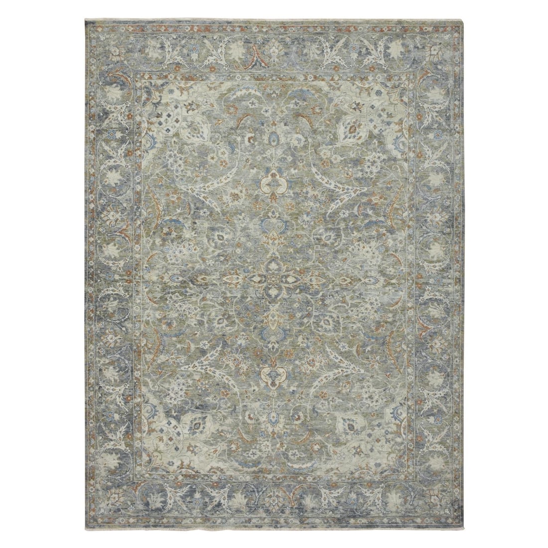 8'9"x11'9" Sonic Gray Polonaise Inspired Design Pure Wool Hand Knotted Rug: 8'9"x11'9" Sonic Gray Polonaise Inspired Design Pure Wool Hand Knotted Rug The Sonic Gray Polonaise Inspired Design Pure Wool Hand Knotted Rug boasts an all-over regional design in a soothing grey