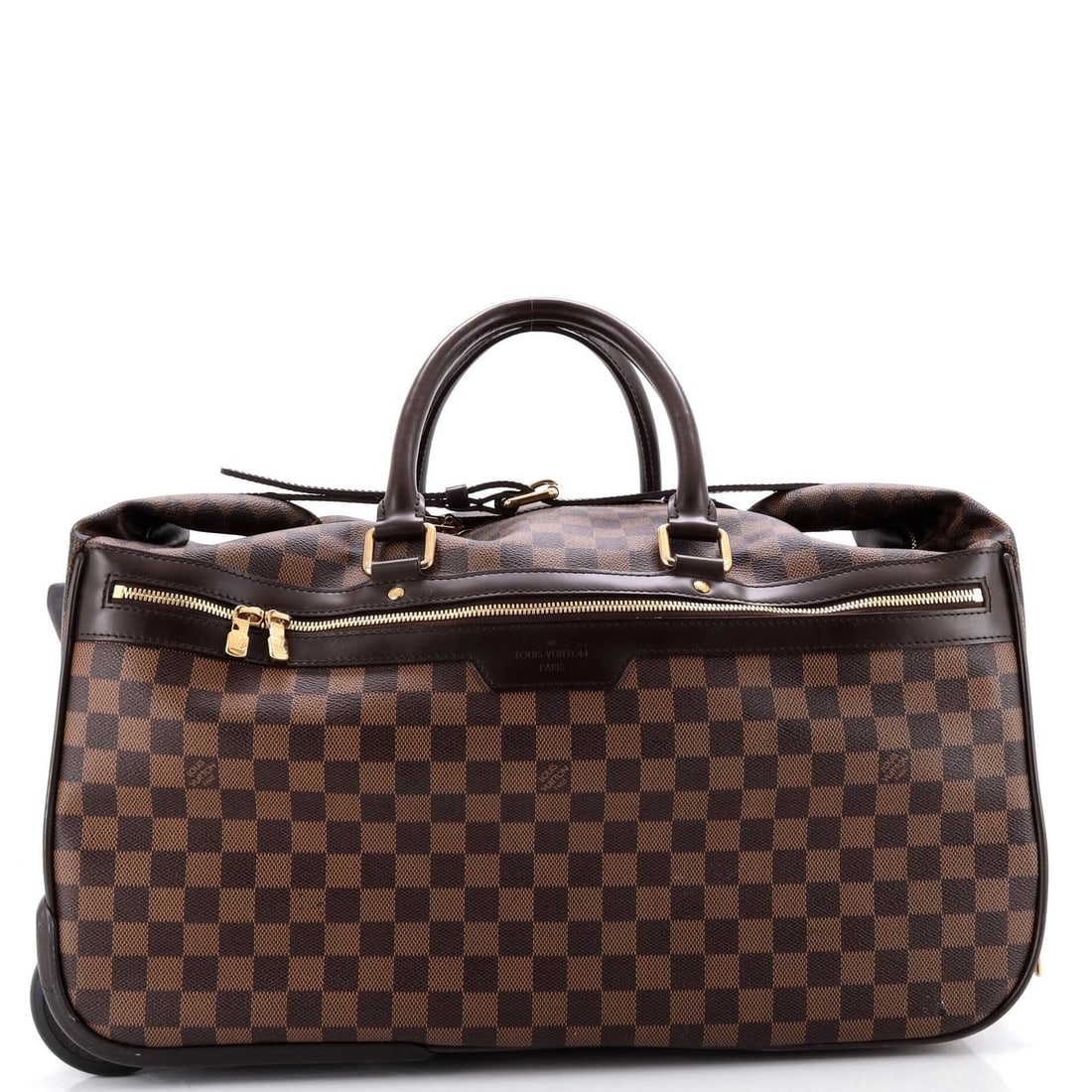 Louis Vuitton Damier Bag 50: Louis Vuitton Damier Bag 50 Brown Louis Vuitton Damier Bag 50 with classic canvas-coated exterior and gold hardware, featuring heavy cracking on plastic trim and corner wear. The bag measures 11.5"