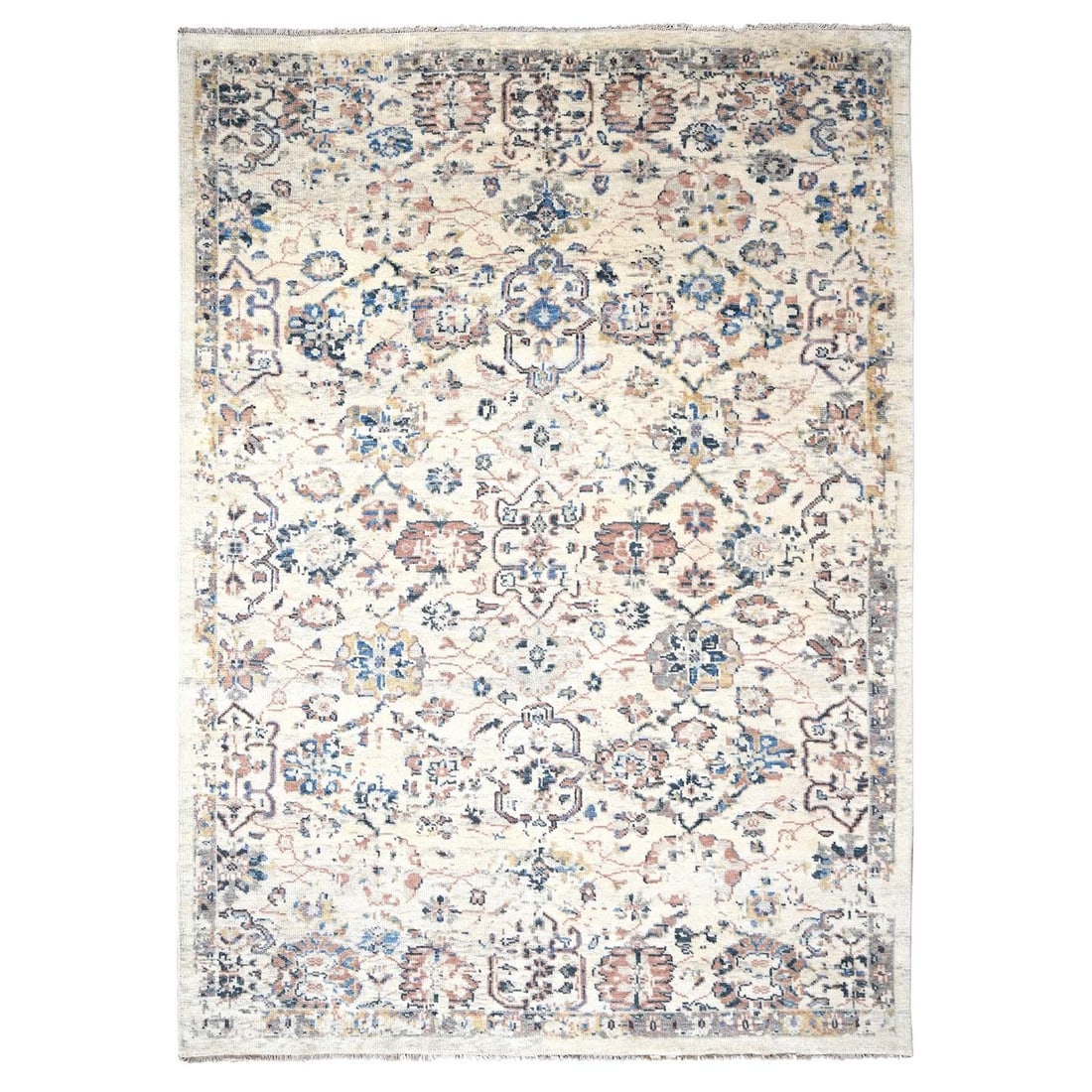 8'10"x11'10" Ivory Pure Wool Hand Knotted Mahal Design Oriental Rug: 8'10"x11'10" Ivory Pure Wool Hand Knotted Mahal Design Oriental Rug Authentic Oushak-Style Mahal Design Wool Rug. This hand-knotted, ivory-colored rug boasts an impressive rectangular field with