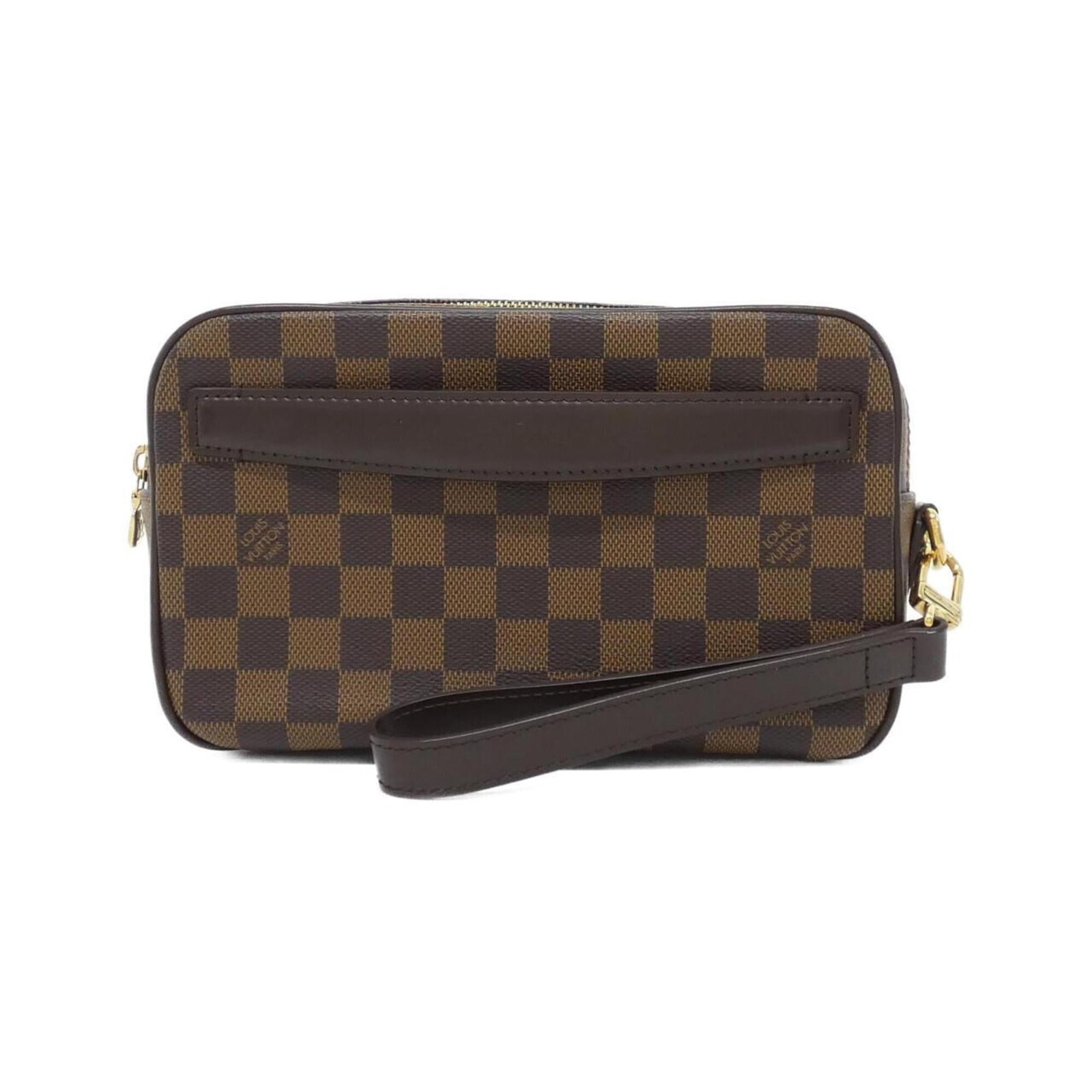 Coated Canvas Pochette Louis Vuitton: Coated Canvas Pochette Louis Vuitton Coated Canvas Pochette in Ebene, featuring gold-toned hardware, with a few traces of usage and minor scratches. This pre-owned Louis Vuitton pochette boasts its cl