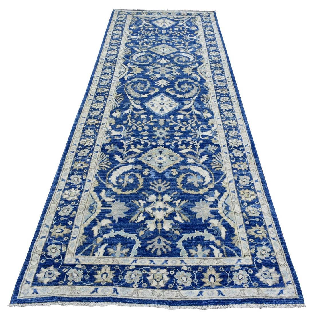 4'x11'8" Navy Blue Fine Peshawar Soft Wool Hand Knotted Wide Runner Rug: 4'x11'8" Navy Blue Fine Peshawar Soft Wool Hand Knotted Wide Runner Rug Navy blue fine Peshawar soft wool hand-knotted wide runner rug, measuring 140 inches in length and 48 inches in width. Made