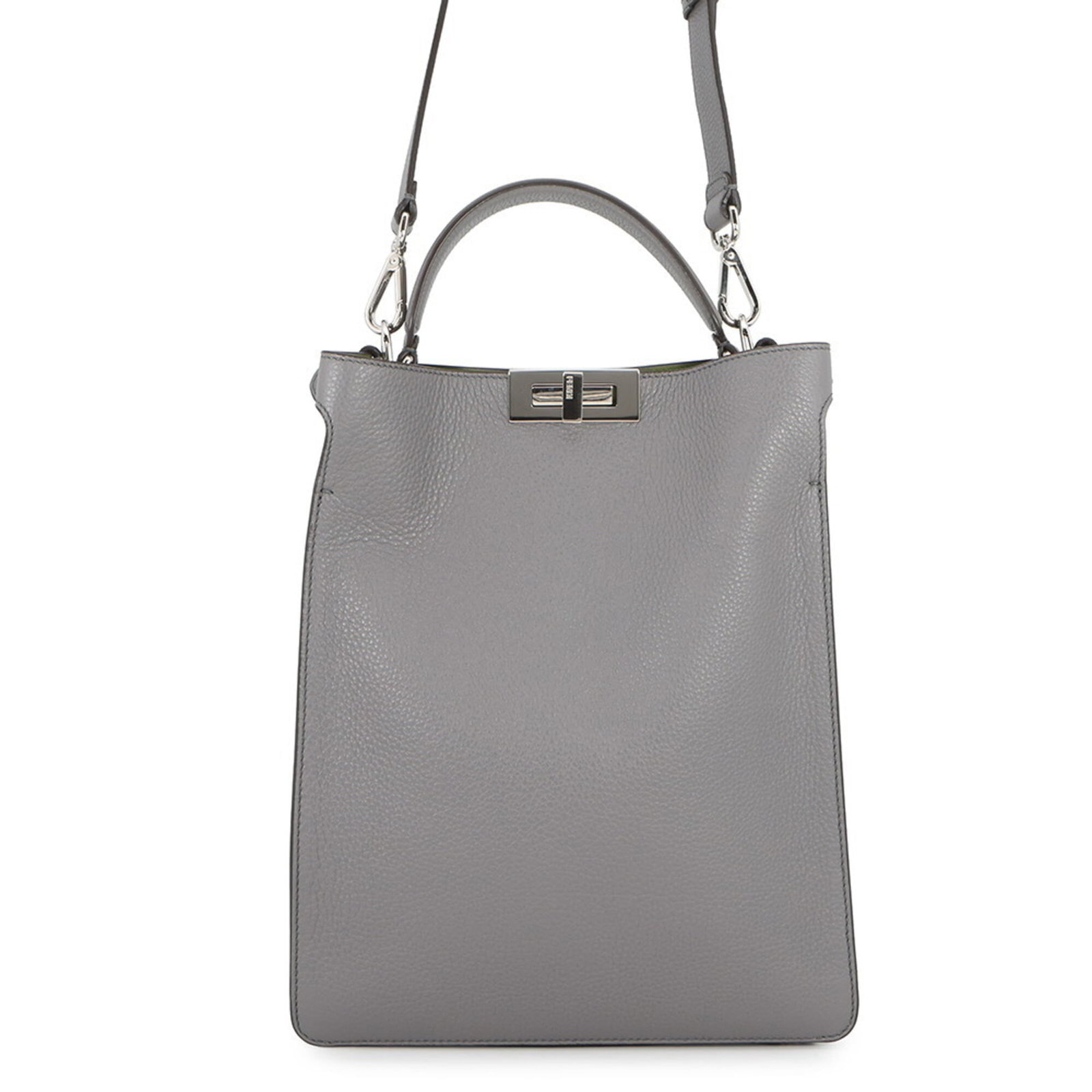 Handbag Leather by Fendi: Handbag Leather by Fendi Gray Fendi Handbag with Silver Hardware, featuring high-quality leather construction and a sleek design. Measuring 34cm x 24cm x 8cm, this versatile bag boasts a spacious