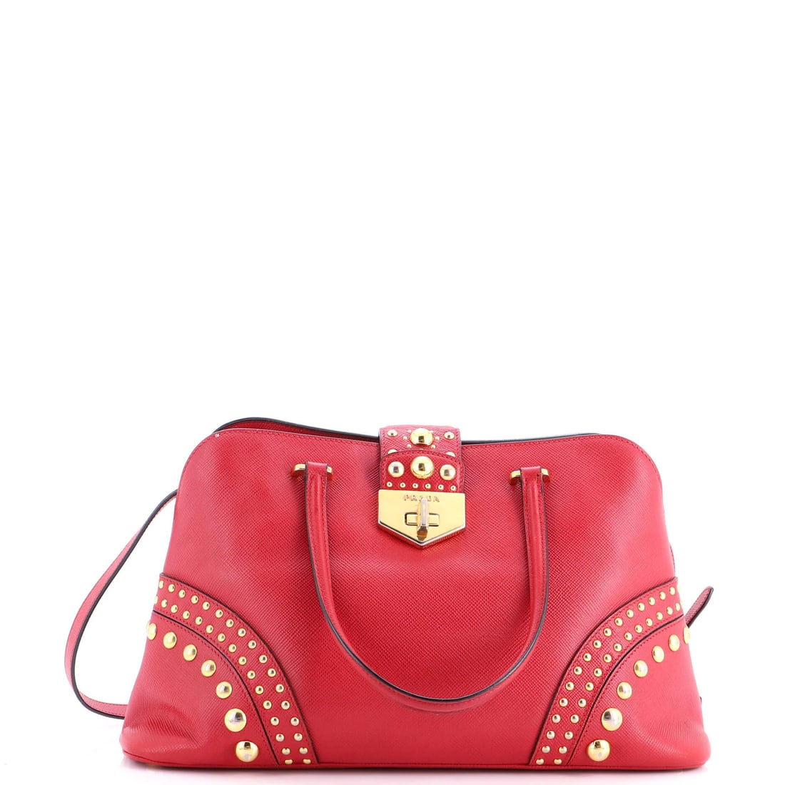 Prada Convertible Turnlock Dome Satchel Studded Saffiano Leather Medium: Prada Convertible Turnlock Dome Satchel Studded Saffiano Leather Medium Prada Convertible Turnlock Dome Satchel Studded Saffiano Leather Medium for sale. This medium-sized satchel boasts a striking