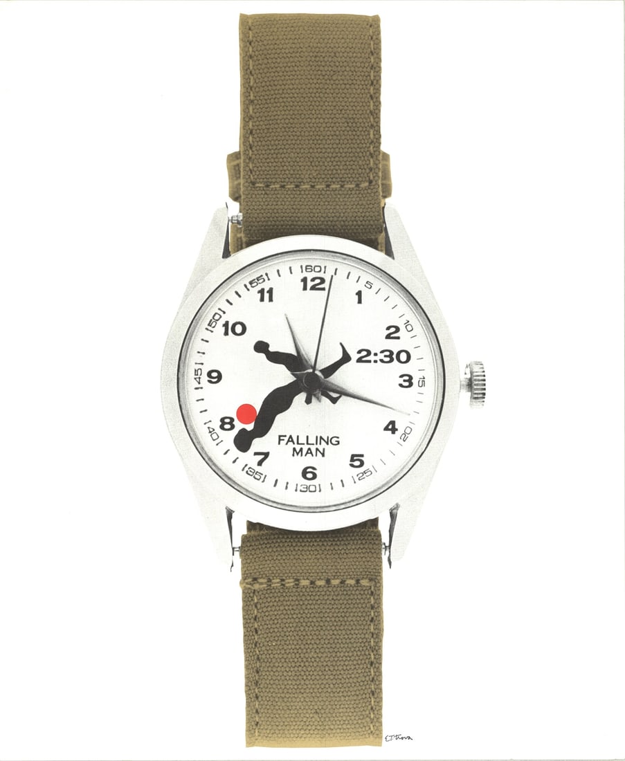 ERNEST TROVA Falling Man Watch 24.25" x 20" Lithograph 1985 Pop Art Brown White (1 of 4)