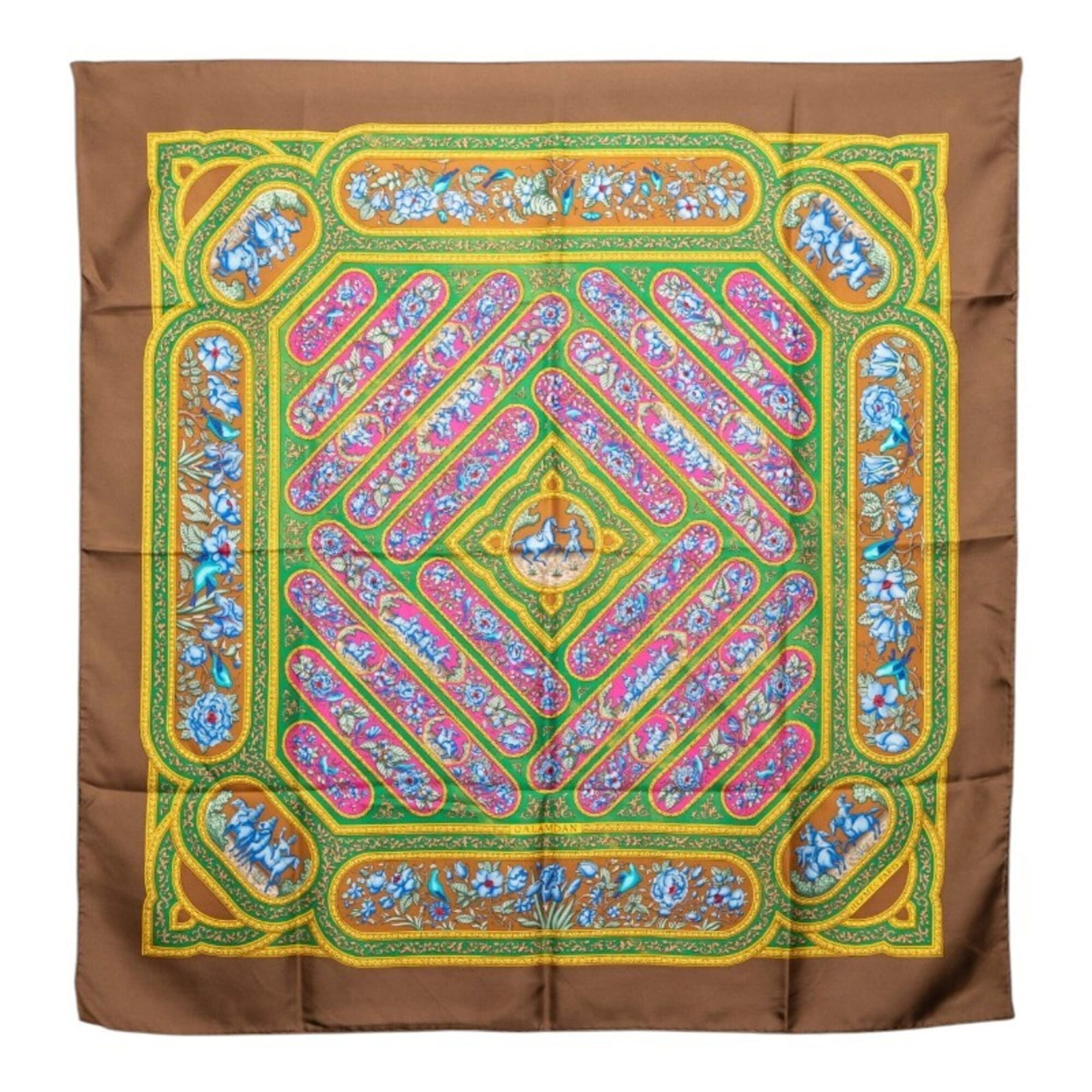 Silk Hermes Scarf: Silk Hermes Scarf This luxurious silk scarf features a rich, multi-colored design in brown hues. With its classic Hermes style and high-quality silk material, it's a timeless accessory for any