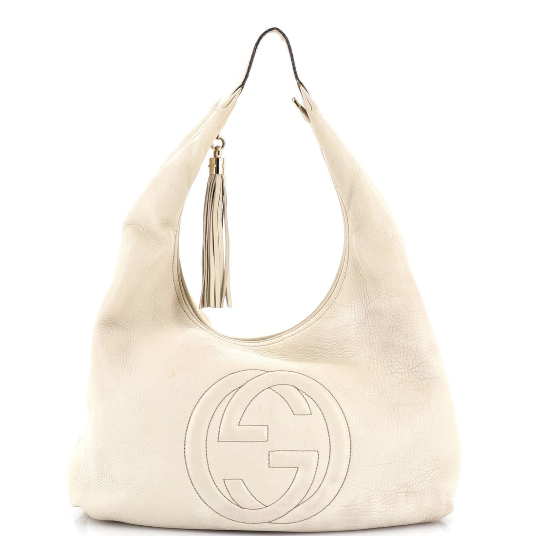Hobo Leather Gucci Large Soho: Hobo Leather Gucci Large Soho The Gucci Large Soho Hobo Leather bag features neutral exterior and interior colors, with gold hardware accents. Its large size measures 12" tall, 14.5" wide, and 5" deep