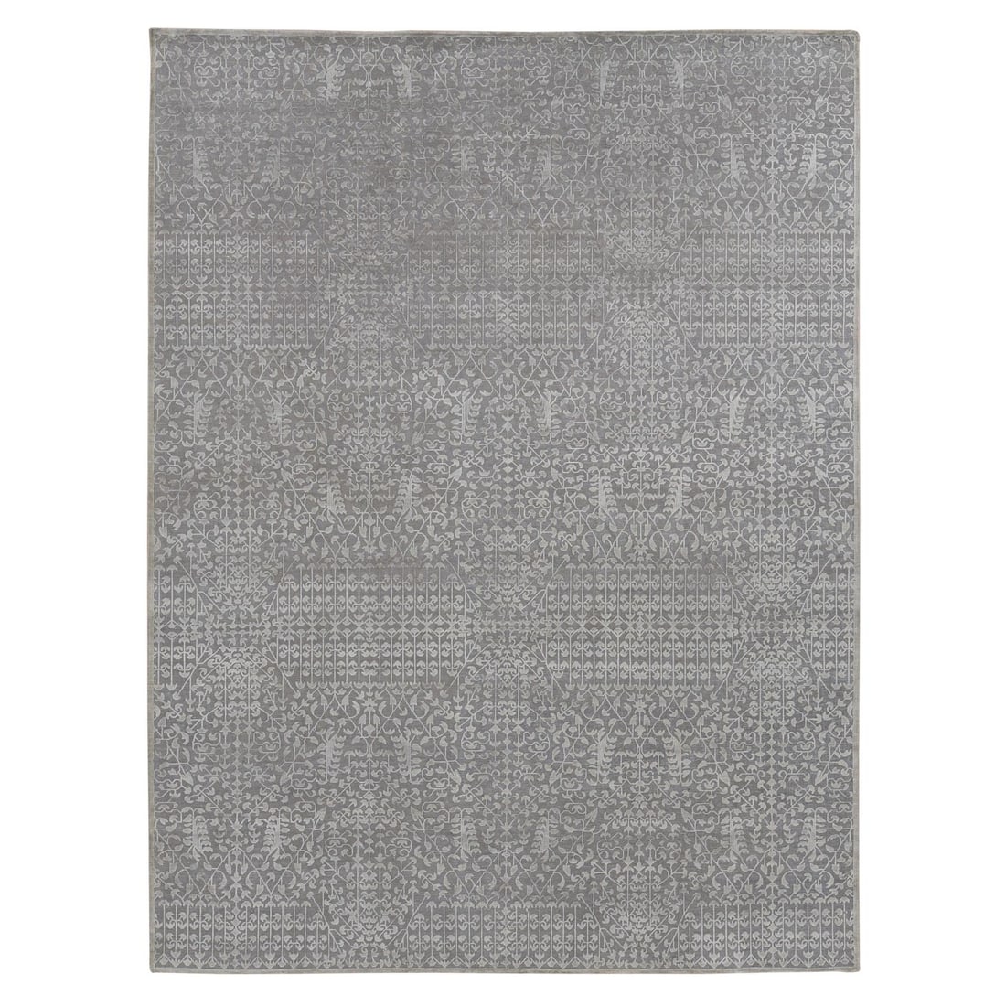9'x12'1" Gray Silk with Textured Wool Tone on Tone Hand Knotted Rug: 9'x12'1" Gray Silk with Textured Wool Tone on Tone Hand Knotted Rug 9'x12'1" Gray Silk with Textured Wool Tone on Tone Hand Knotted Rug - A stunning, hand-knotted Oriental-style rug featuring a subtle