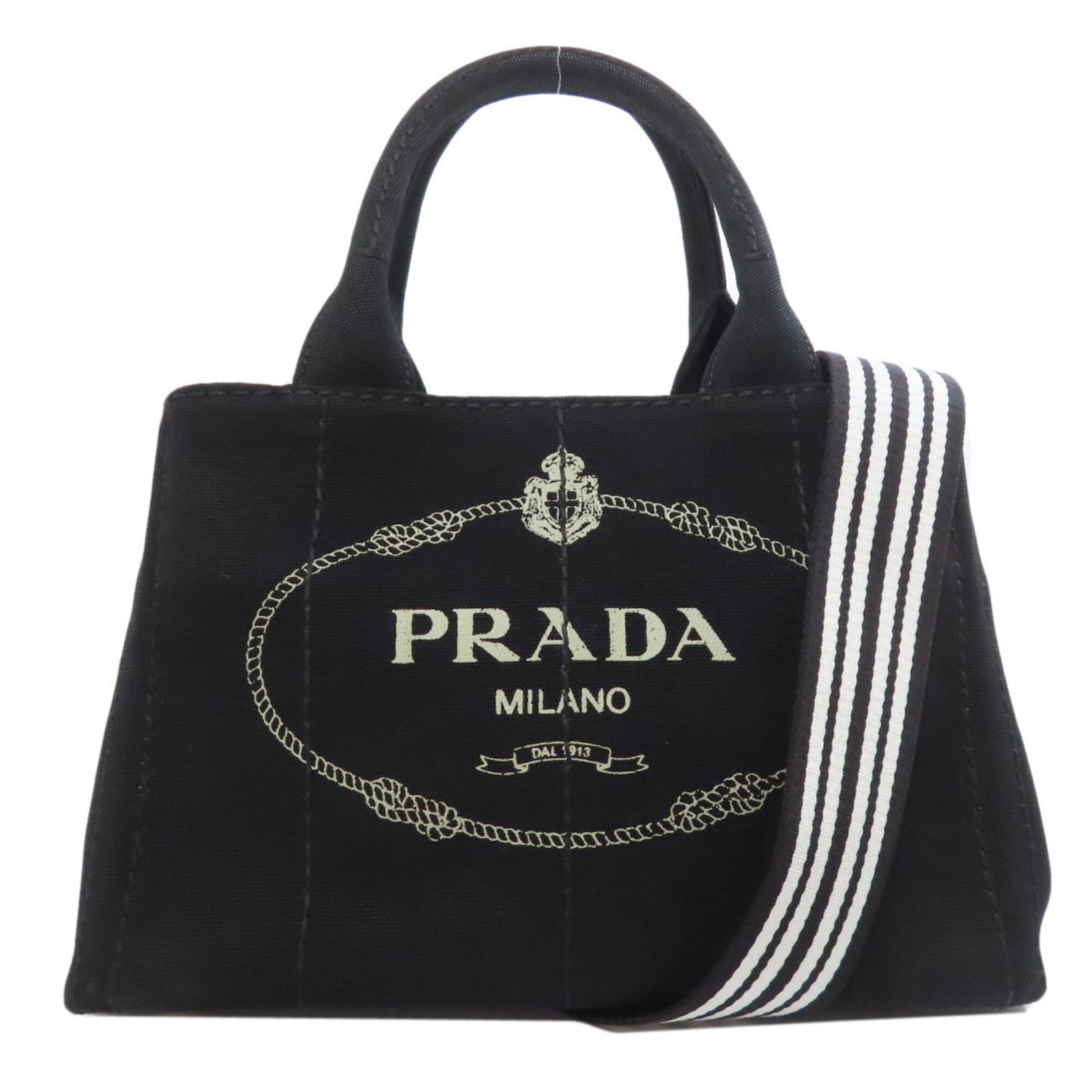 Handbag Canvas By Prada: Handbag Canvas By Prada Canvas by Prada, a sleek and timeless black handbag with a canvas material. Measuring 19cm x 28cm x 16cm, it features a classic design that exudes understated elegance. With vi