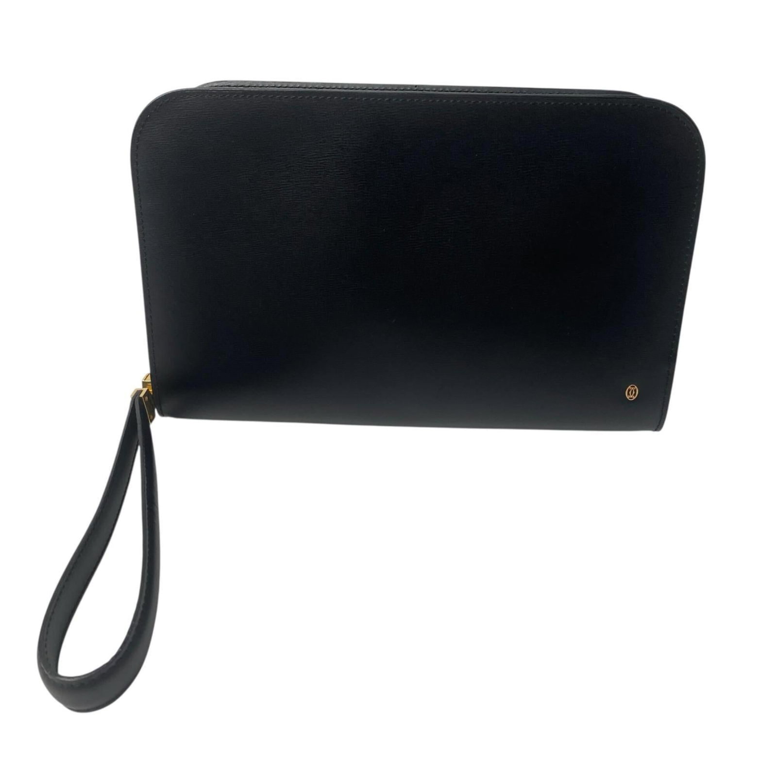 Cartier bag clutch leather: Cartier bag clutch leather Cartier bag clutch leather, a sleek and sophisticated accessory in black leather. This used clutch measures 16cm x 26cm x 6.5cm, with some minor scratches and dirt visible