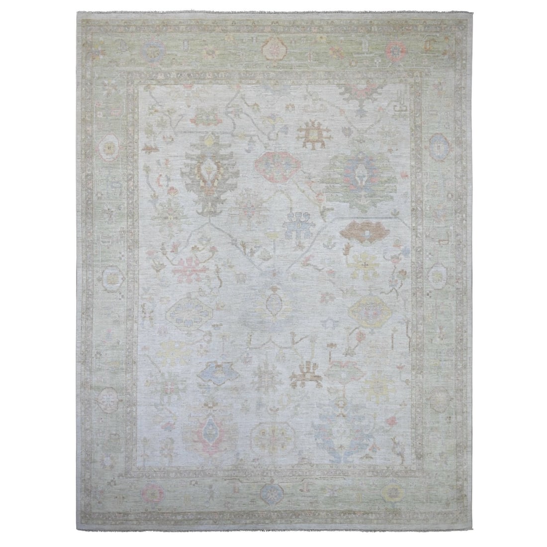 11'8"x15' Gray Afghan Angora Oushak Leaf Design Wool Hand Knotted XL Rug (1 of 11)