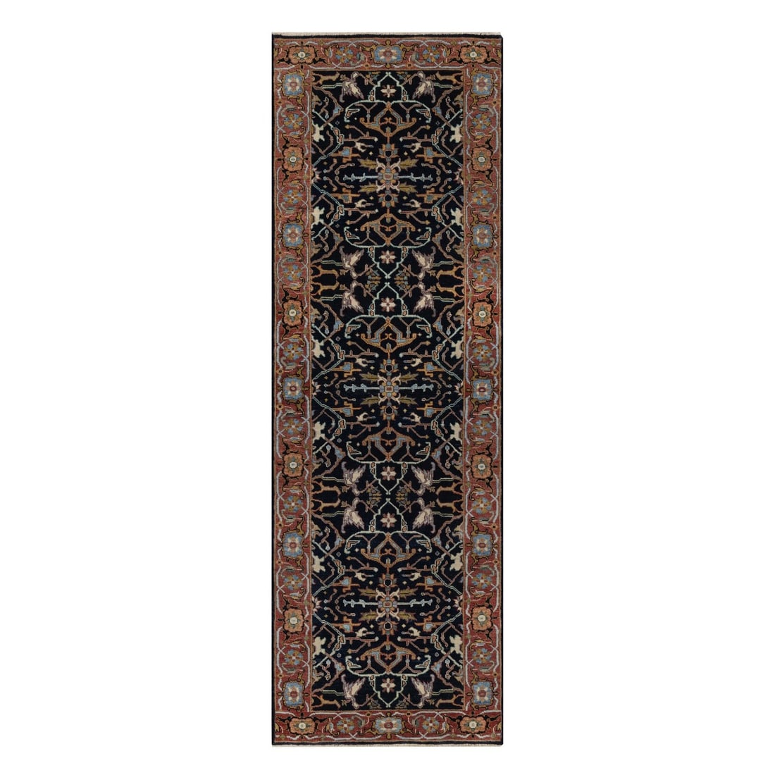 2'7"x8'1" Navy Antiqued Heris Vines Design Wool Hand Knotted Runner Rug: 2'7"x8'1" Navy Antiqued Heris Vines Design Wool Hand Knotted Runner Rug Navy blue wool hand-knotted runner rug with an all-over Heris design, measuring 2'7" x 8'1". This unique piece features a rich,