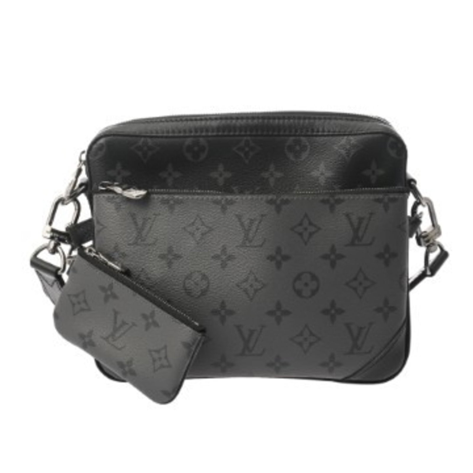 Shoulder bag monogram Louis Vuitton eclipse: Shoulder bag monogram Louis Vuitton eclipse Gray Monogram Eclipse Louis Vuitton shoulder bag with zipper closure, featuring an open pocket and a durable design. Measuring 18cm x 25cm x 4.5cm, it has a