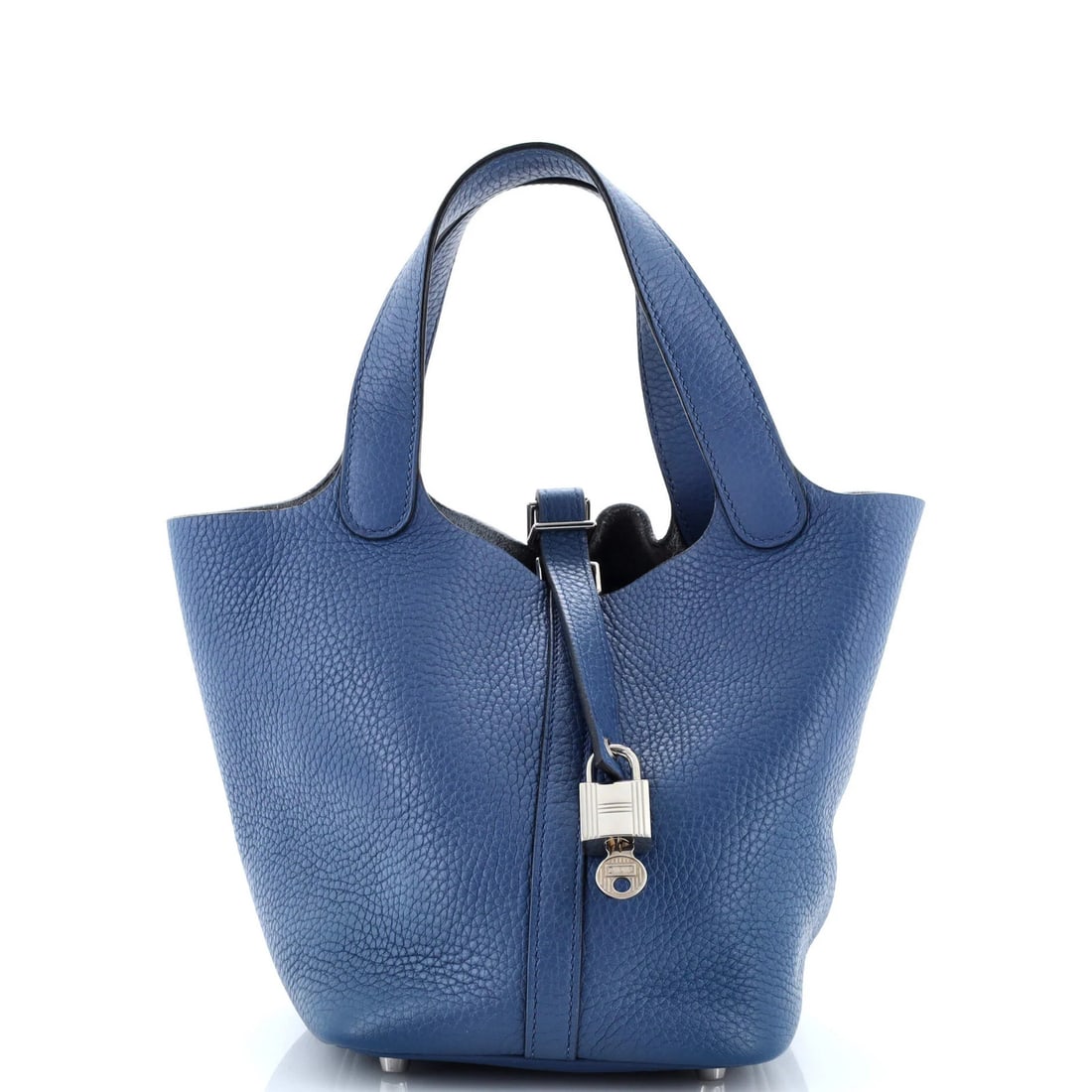 Hermes Picotin Lock Bag Clemence PM: Hermes Picotin Lock Bag Clemence PM The Hermes Picotin Lock Bag Clemence PM offers a sleek, blue leather exterior with Palladium hardware, complemented by suede interior and a secure lock. Measuring