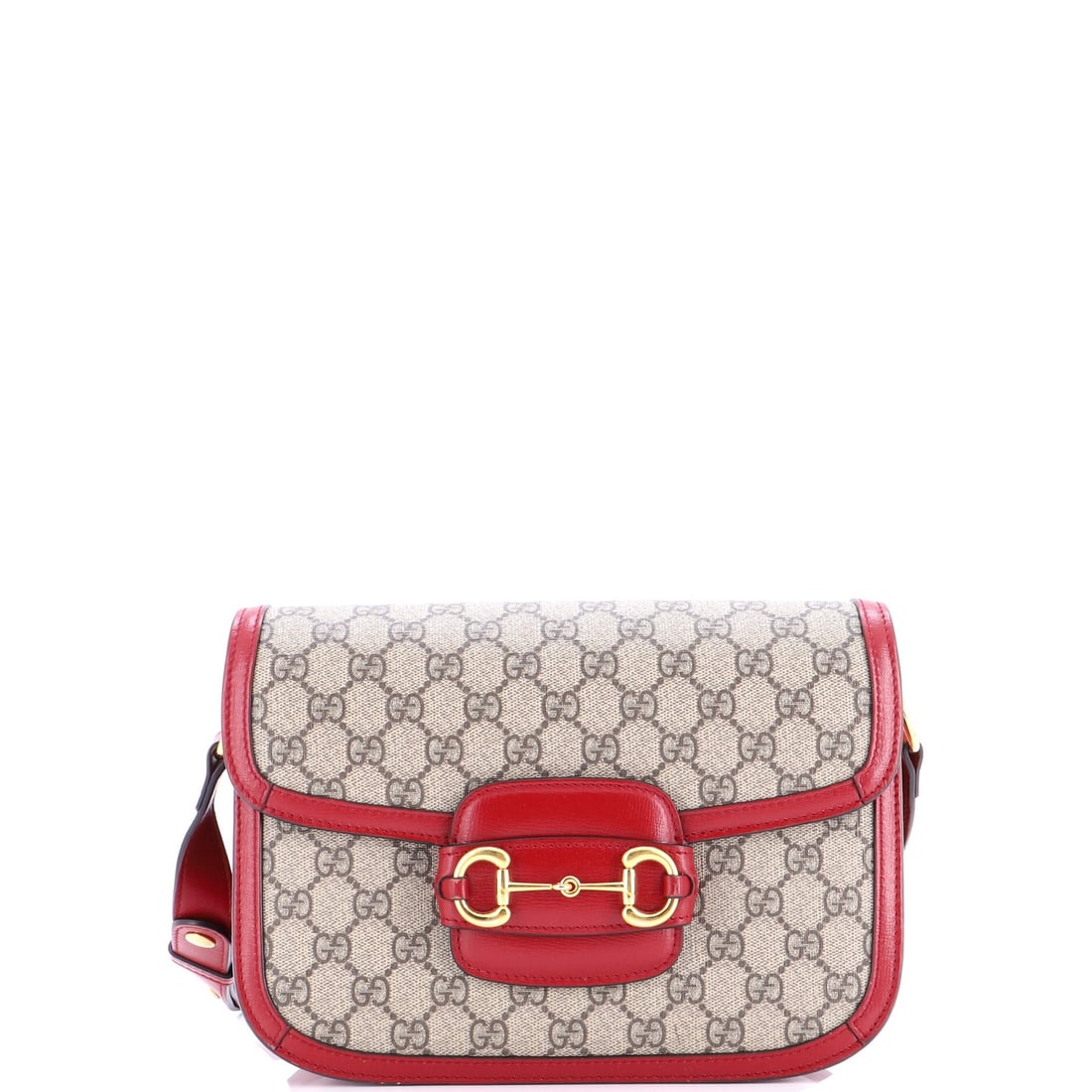 Gucci Horsebit Small Coated Canvas GG Leather Bag With Shoulder 1955: Gucci Horsebit Small Coated Canvas GG Leather Bag With Shoulder 1955 Small Gucci Horsebit Cross Body Bag in Red and Brown, featuring canvas coated leather exterior with gold hardware. This iconic