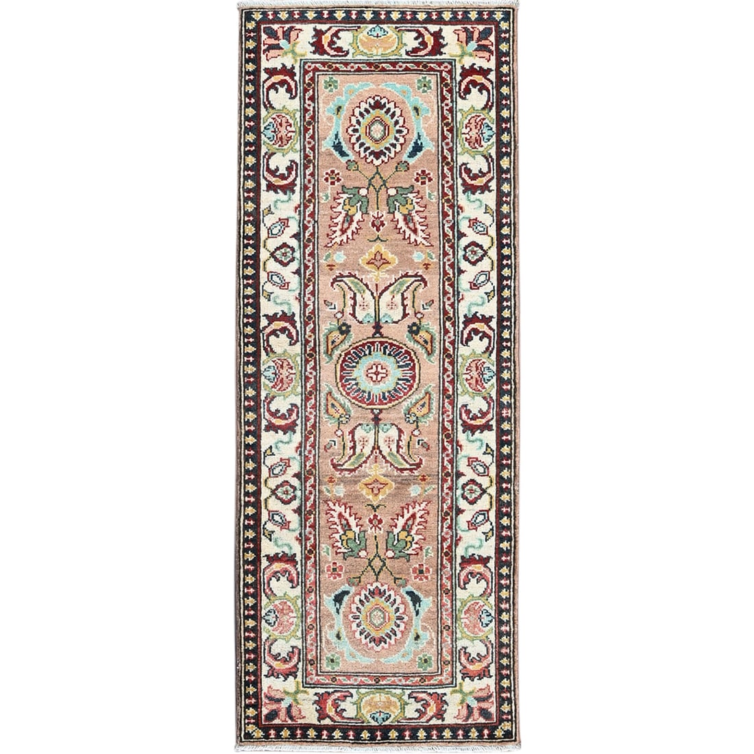 2'2"x5'10" Brown Kazak with Tribal Design Hand Knotted Soft Wool Runner Rug: 2'2"x5'10" Brown Kazak with Tribal Design Hand Knotted Soft Wool Runner Rug Brown Kazak with Tribal Design Hand Knotted Soft Wool Runner Rug features a unique Oriental regional design in a rich brown 