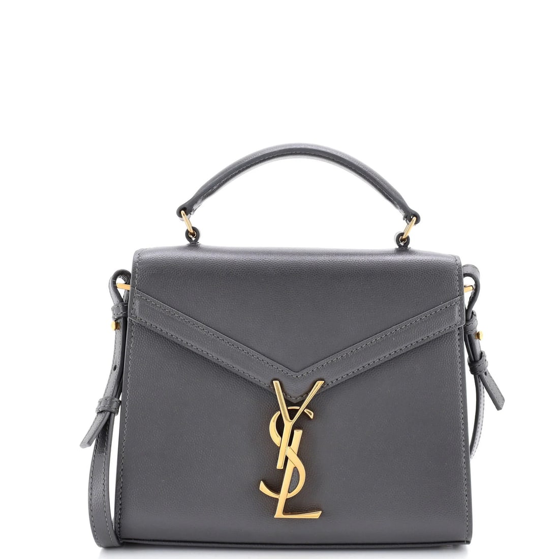 Saint Laurent Cassandra Top Handle Bag Leather Mini: Saint Laurent Cassandra Top Handle Bag Leather Mini Gray leather mini shoulder bag with aged gold hardware, featuring a top handle and adjustable strap. Measuring 6.5" tall, 7.5" wide, and 3" deep,