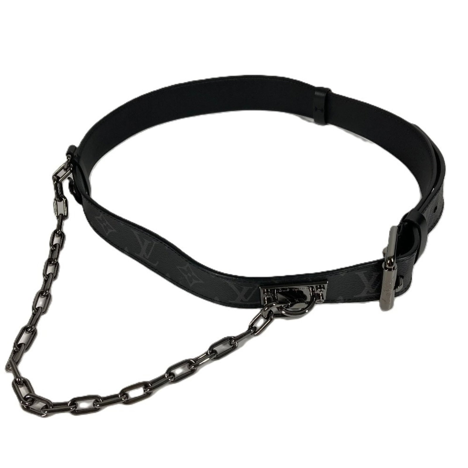 Vuitton Belt Chain Louis: Vuitton Belt Chain Louis The Louis Vuitton Belt Chain features the iconic Monogram Eclipse design in black, with a chain belt length of 100.5cm. A few traces of usage are visible, including some
