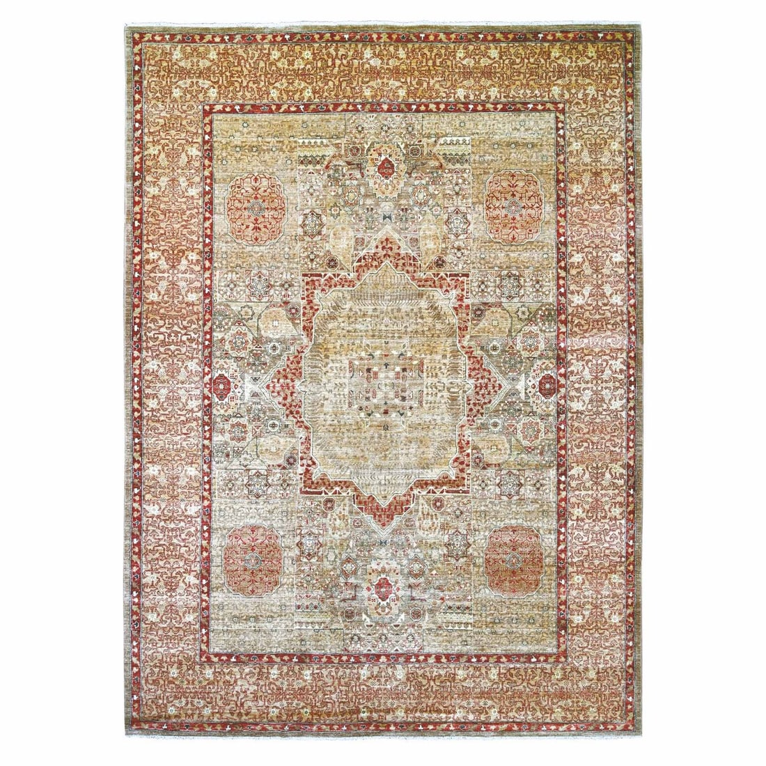 10'x13'7" Brown Hand Knotted 14th Century Mamluk Dynasty Pattern Wool Rug: 10'x13'7" Brown Hand Knotted 14th Century Mamluk Dynasty Pattern Wool Rug This stunning 10'x13'7" hand-knotted wool rug boasts intricate medallion patterns in rich brown and red hues, evoking the