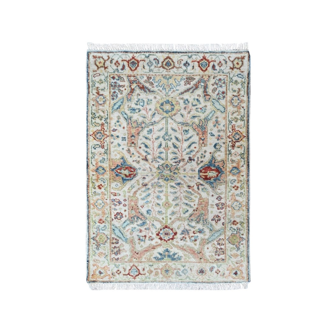2'x3' Lace White Ziegler Mahal Design Hand Spun Wool Hand Knotted Mat Rug: 2'x3' Lace White Ziegler Mahal Design Hand Spun Wool Hand Knotted Mat Rug The Oushak-style rug boasts an all-over design in intricate lace patterns, rendered in soft ivory hues on a rich wool backgrou