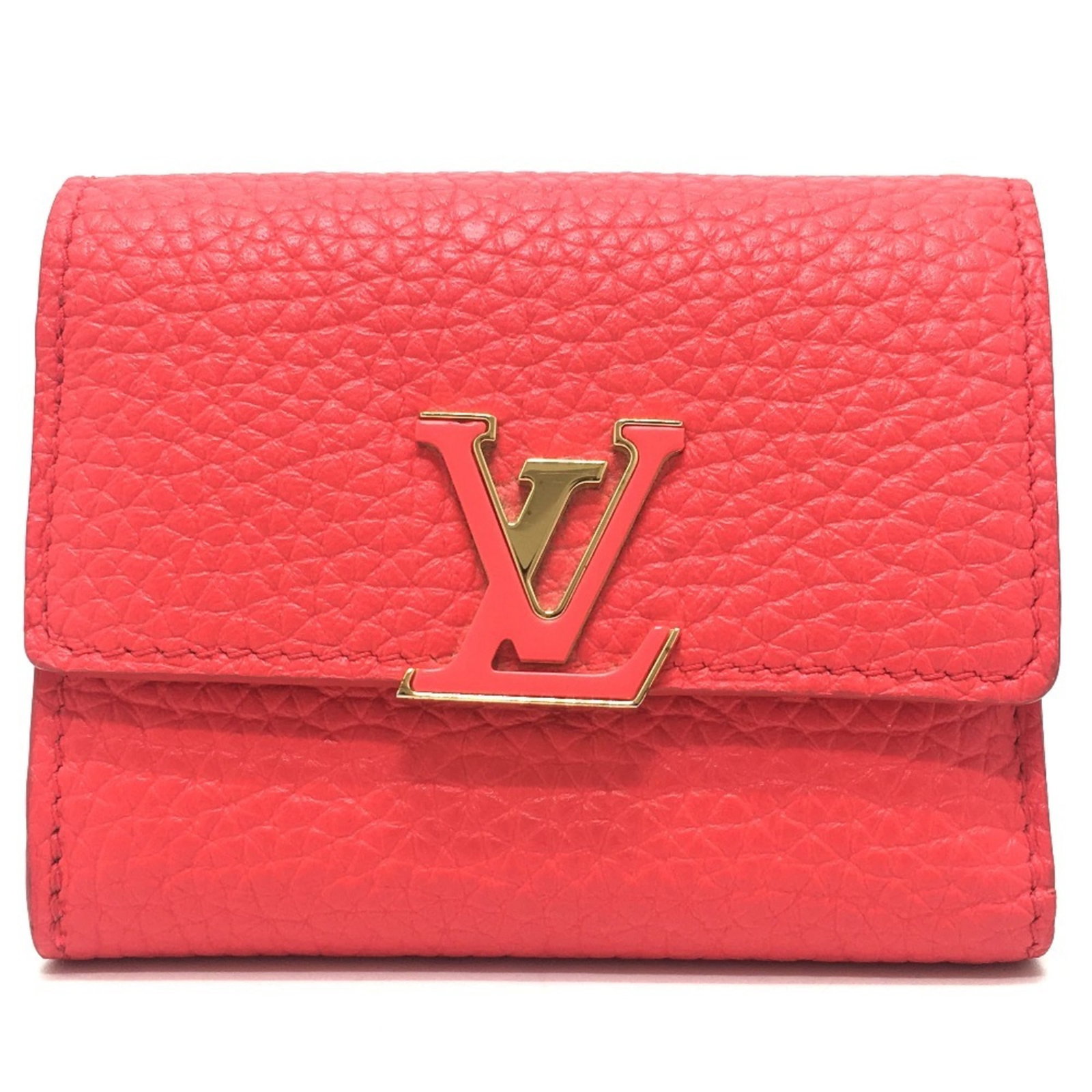 Louis Vuitton Wallet (Tri-Fold) Leather: Louis Vuitton Wallet (Tri-Fold) Leather Red Louis Vuitton Tri-Fold Leather Wallet, featuring classic design and durable Taurillon leather construction. With its compact size and tri-fold layout, this 