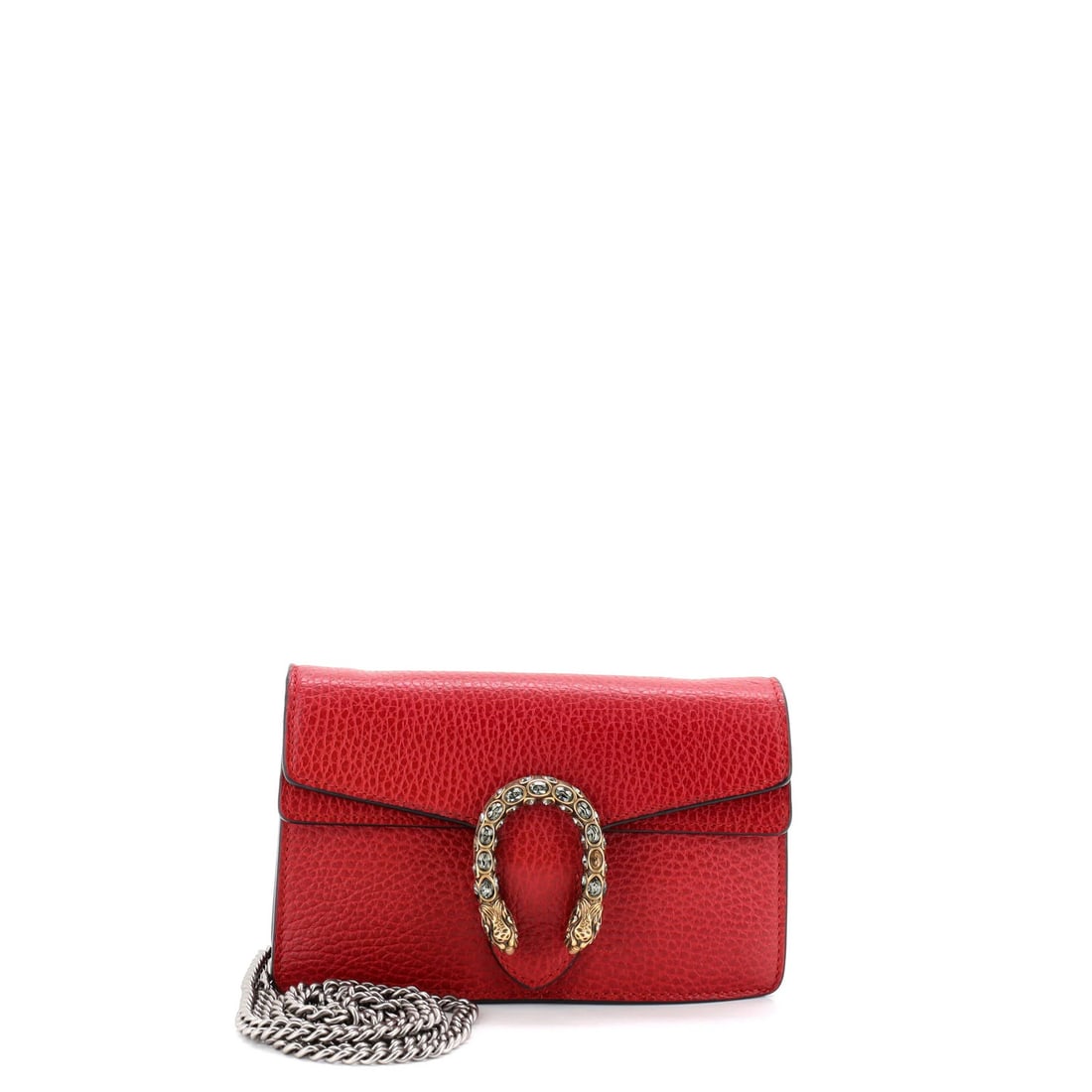 Super mini leather bag Gucci Dionysus: Super mini leather bag Gucci Dionysus Super mini leather bag Gucci Dionysus in striking red exterior, featuring scuffs, cracking, and edge wear. This stylish clutch measures just 4" high, 6.5" wide, a