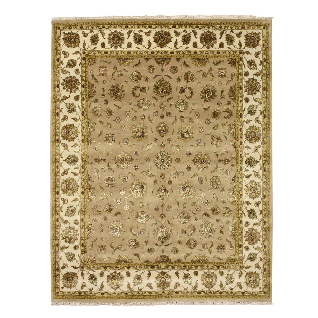 7'8"x9'10" Brown Rajasthan Leaf Design Hand Knotted Wool and Silk Rug: 7'8"x9'10" Brown Rajasthan Leaf Design Hand Knotted Wool and Silk Rug Brown Rajasthan leaf design hand-knotted wool and silk rug, measuring 7'8"x9'10" in rectangular field shape. This intricately wove