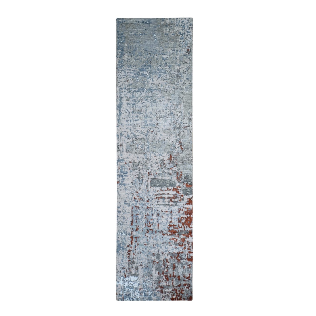 2'6"x10'2" Abstract Design Wool&Silk Denser Weave Hand Knotted Runner Rug: 2'6"x10'2" Abstract Design Wool&Silk Denser Weave Hand Knotted Runner Rug Silk and wool blend in an abstract design, creating a visually striking runner rug with a dense hand-knotted weave. Measuring