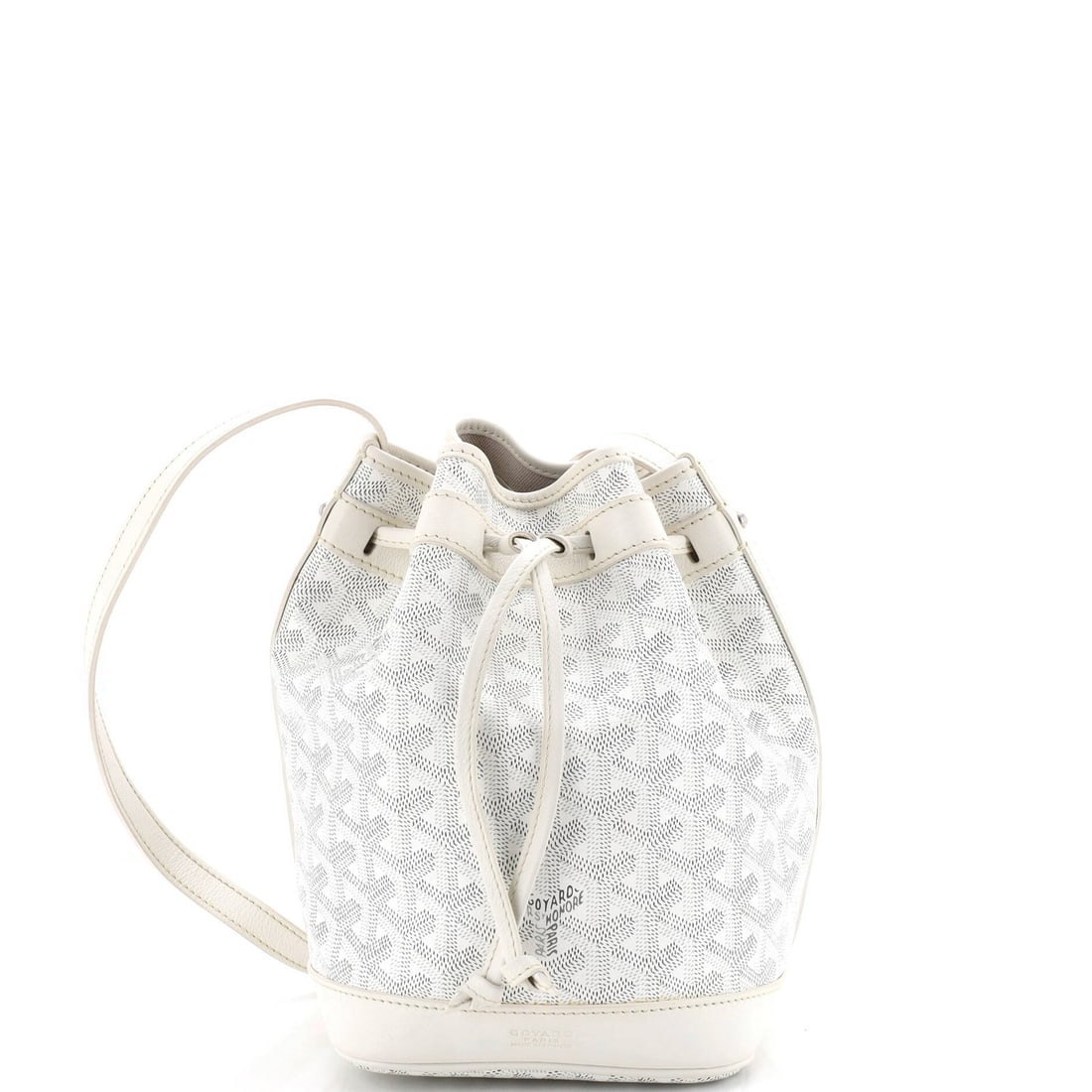 Goyard Petit Flot Bucket Bag Coated Canvas PM: Goyard Petit Flot Bucket Bag Coated Canvas PM Canvas Coated Goyard Petit Flot Bucket Bag in White. This classic PM size bucket bag boasts a timeless design with a coated canvas exterior and white