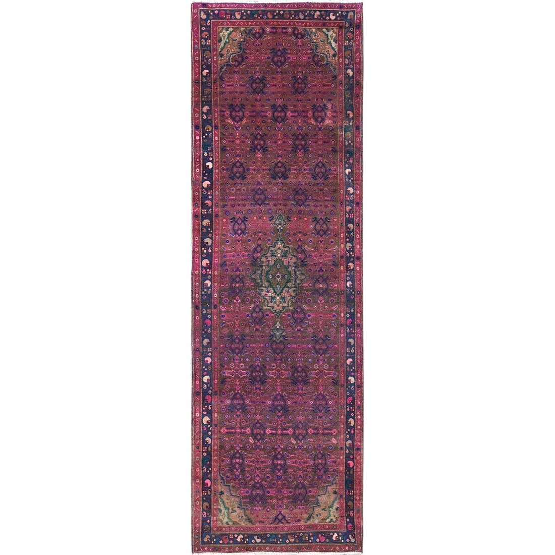 3'4"x10'8" Purple Overdyed Hand Knotted Old Hamadan Wide Long Runner Rug: 3'4"x10'8" Purple Overdyed Hand Knotted Old Hamadan Wide Long Runner Rug This stunning Purple Overdyed Hand Knotted Old Hamadan Wide Long Runner Rug boasts an intricate Oriental design,