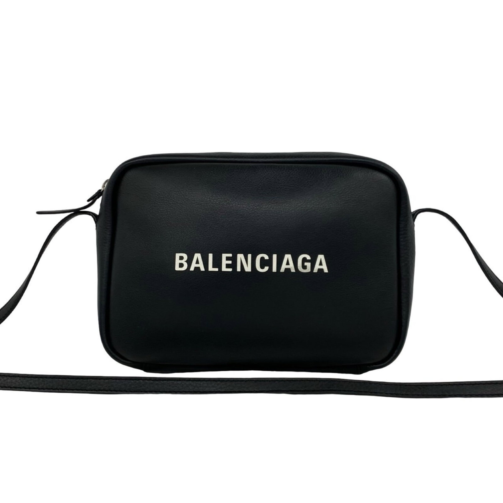 Pochette Shoulder Bag Leather by Balenciaga: Pochette Shoulder Bag Leather by Balenciaga Black leather pochette shoulder bag from Balenciaga, featuring a classic design with a small size and structured shape. The bag shows signs of usage,