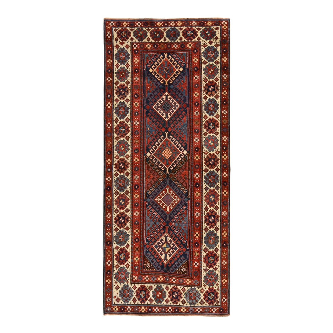 4'x9'4" Red Antique Caucasian Kazak 100% Wool Hand Knotted Runner Rug: 4'x9'4" Red Antique Caucasian Kazak 100% Wool Hand Knotted Runner Rug The 4'x9'4" Red Antique Caucasian Kazak Hand Knotted Wool Runner Rug boasts a stunning geometric pattern and rich red color, chara