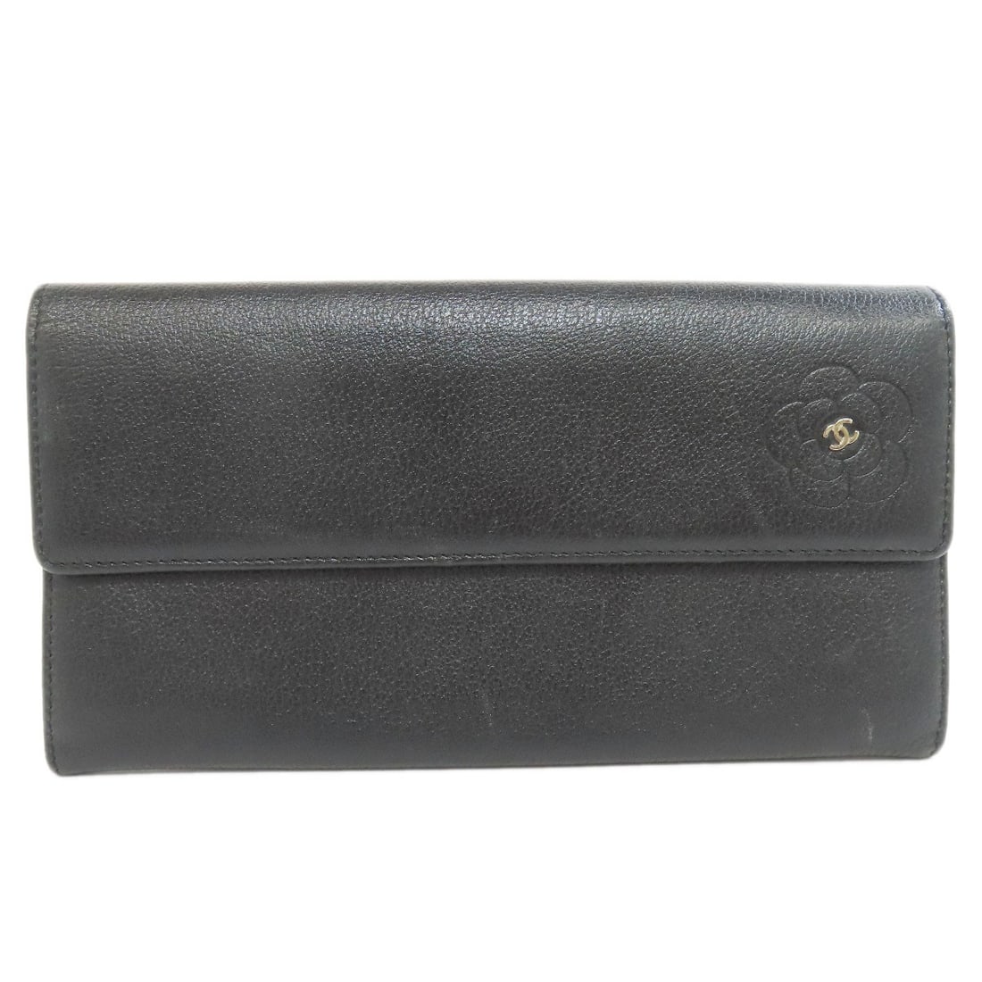 Chanel Camellia Coco Mark Long Wallet (With Coin Pocket) Calf: Chanel Camellia Coco Mark Long Wallet (With Coin Pocket) Calf Black Calf Long Wallet with Coin Pocket from CHANEL, featuring a classic design with a signature camellia motif. The sleek black exterior
