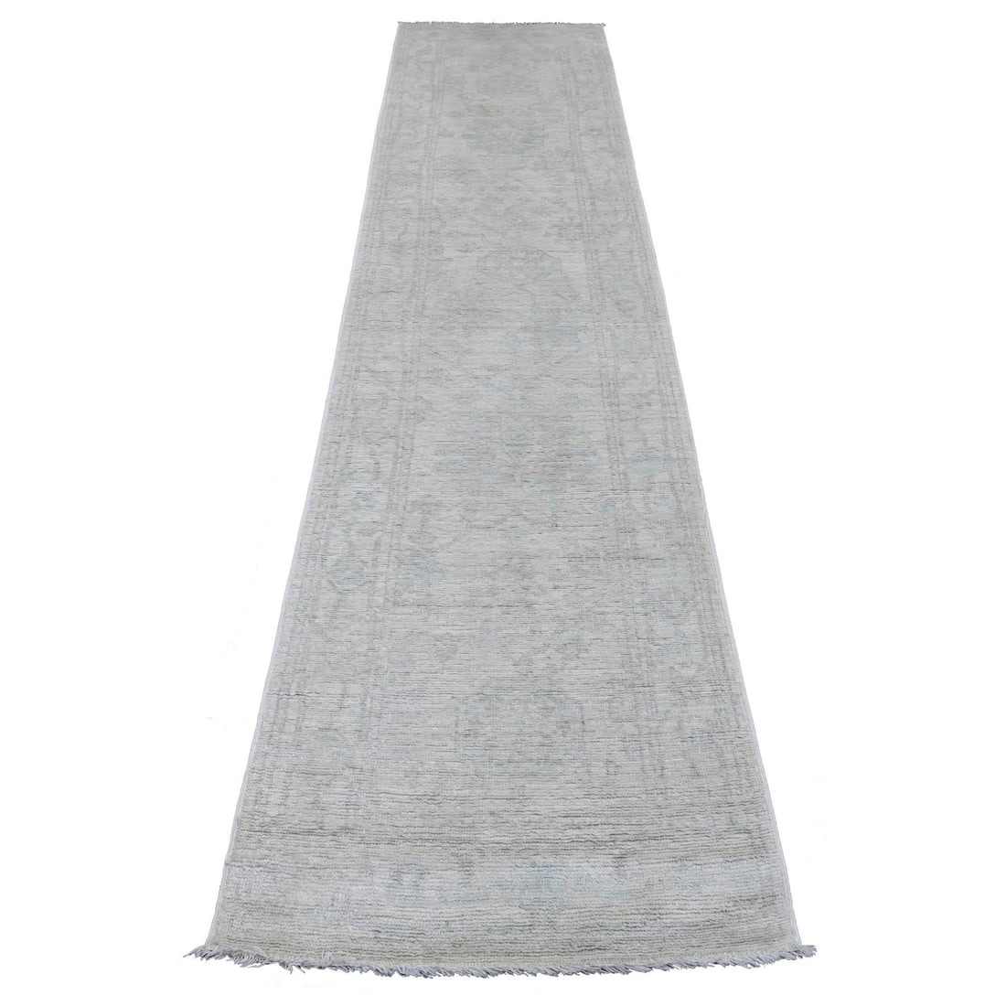 2'7"x11'7" Gray Angora Oushak Leaf Design Wool Hand Knotted Runner Rug: 2'7"x11'7" Gray Angora Oushak Leaf Design Wool Hand Knotted Runner Rug The Oushak Leaf Design Wool Hand Knotted Runner Rug boasts a stunning grey color with intricate leaf patterns, expertly woven in 