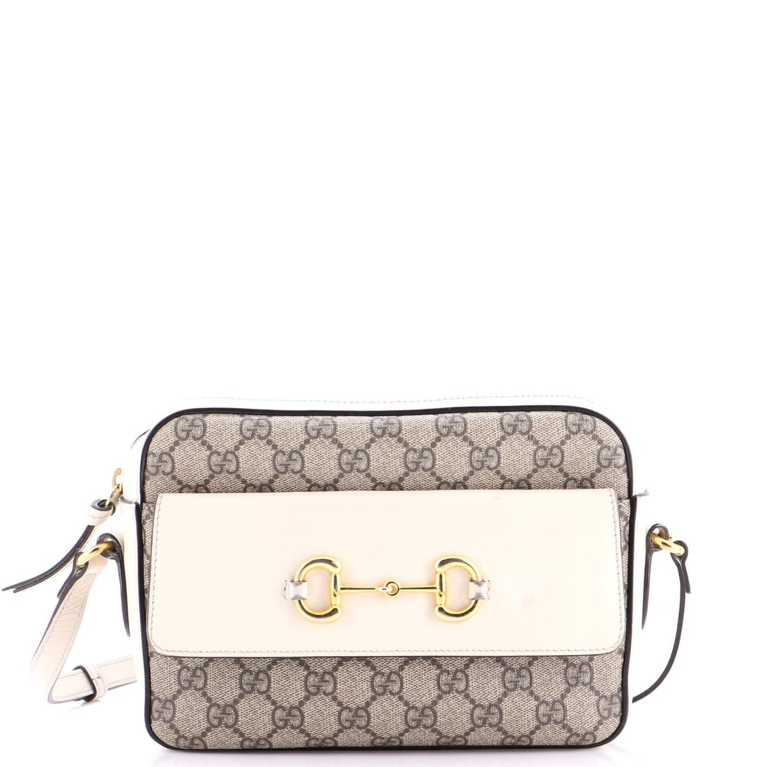 Gucci Horsebit 1955 Flap Pocket Camera Bag GG Coated Canvas and Leather Small: Gucci Horsebit 1955 Flap Pocket Camera Bag GG Coated Canvas and Leather Small Gucci Horsebit 1955 Flap Pocket Camera Bag GG Coated Canvas and Leather Small features a classic design with a white