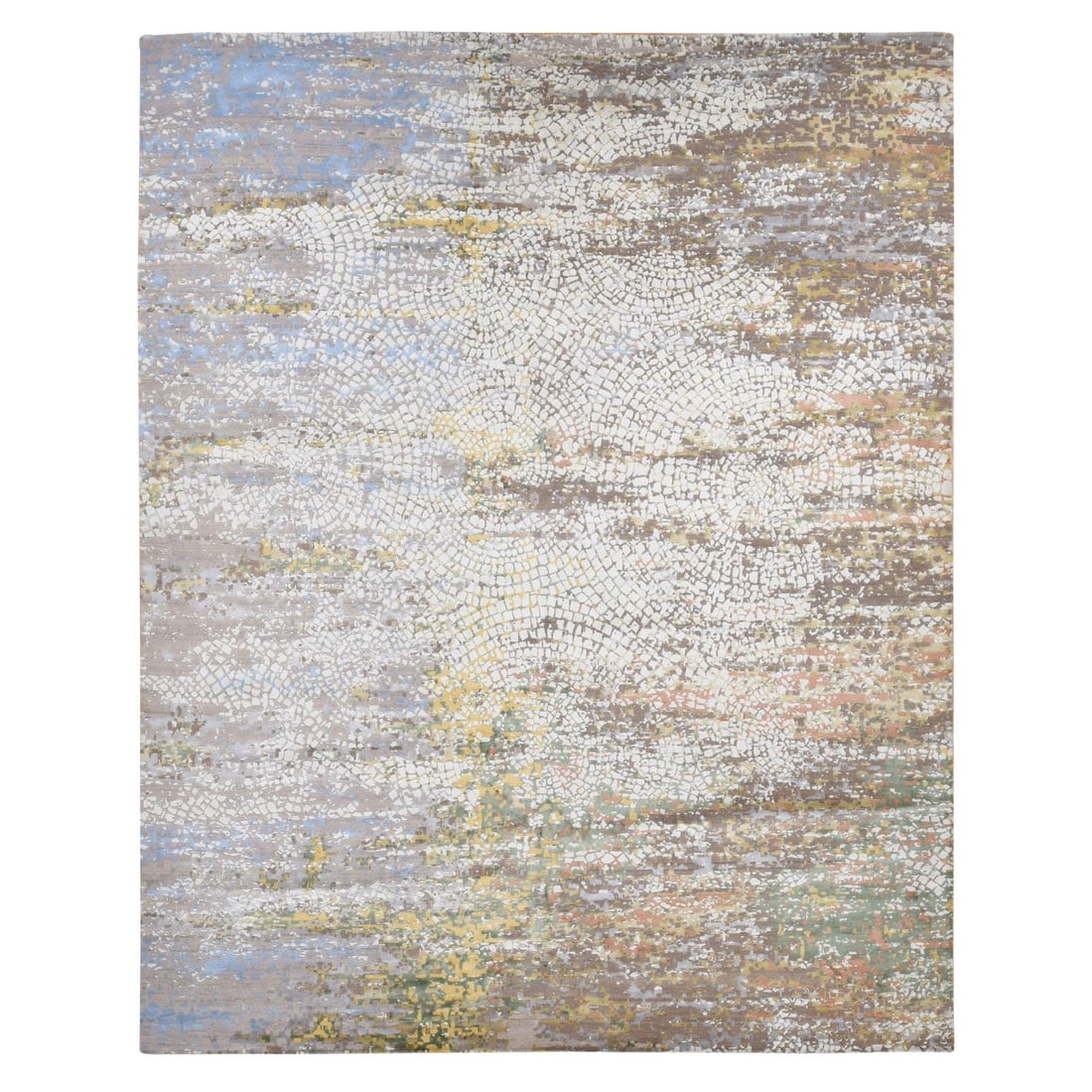 12'x15' Brown Wool-Silk Roman Mosaic Design Oversized Hand Knotted Rug: 12'x15' Brown Wool-Silk Roman Mosaic Design Oversized Hand Knotted Rug The 12'x15' Brown Wool-Silk Roman Mosaic Design Oversized Hand Knotted Rug boasts an impressive hand-knotted construction with a