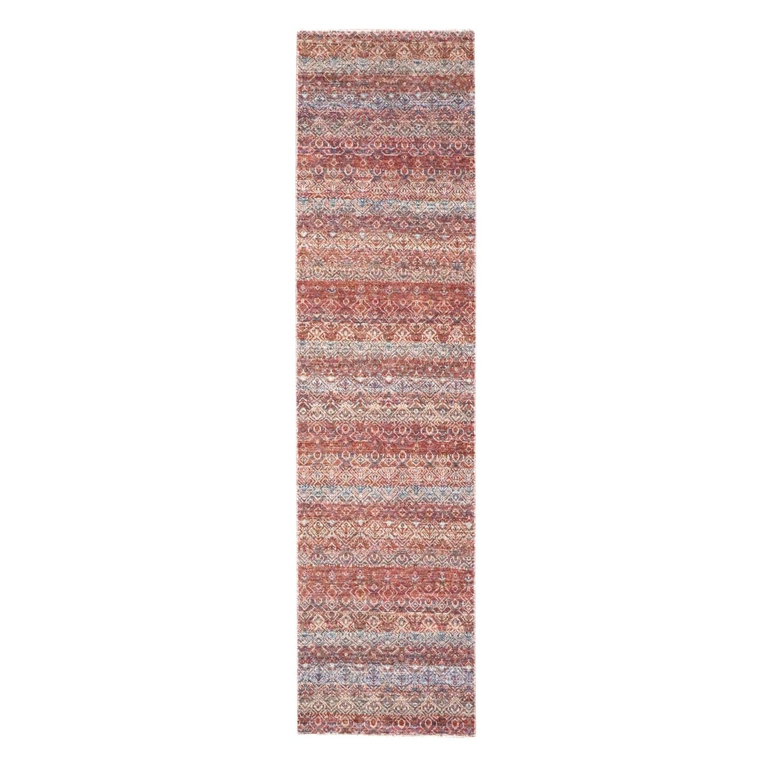 2'6"x10'2" Red Repetitive Diamond Pattern Wool Hand Knotted Runner Rug: 2'6"x10'2" Red Repetitive Diamond Pattern Wool Hand Knotted Runner Rug This stunning red wool hand-knotted runner rug boasts an all-over repetitive diamond pattern, adding visual interest to any room.