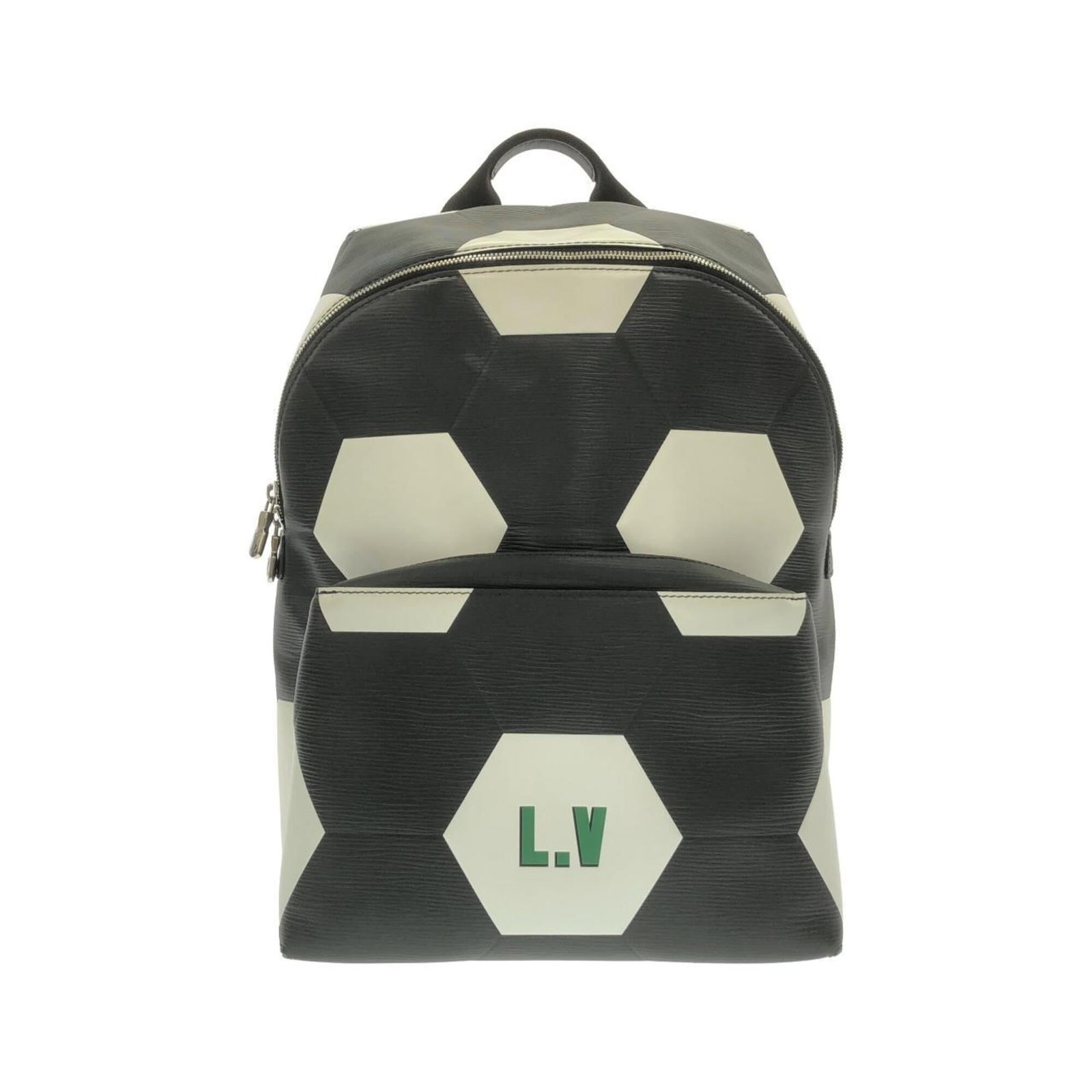 Leather Louis Vuitton Backpack: Leather Louis Vuitton Backpack Black leather Louis Vuitton backpack with silver hardware, featuring calf leather construction. The backpack has some scratches and dirt from previous use but remains