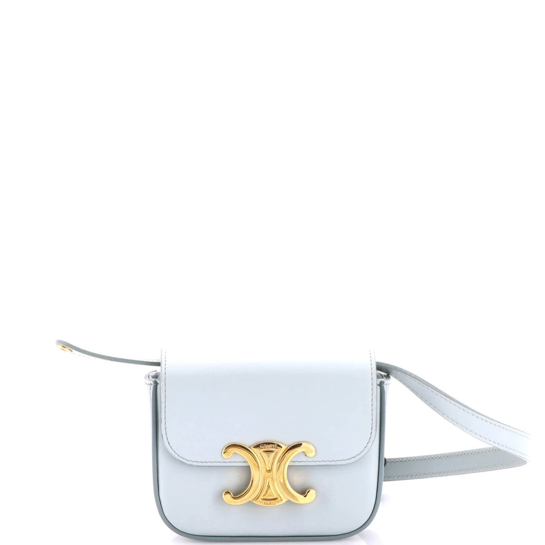 Calfskin mini shoulder bag from triomphe celine smooth: Calfskin mini shoulder bag from triomphe celine smooth Smooth Calfskin Mini Shoulder Bag from Triomphe Celine. This stylish mini cross body bag features a sleek blue exterior made from high-quality