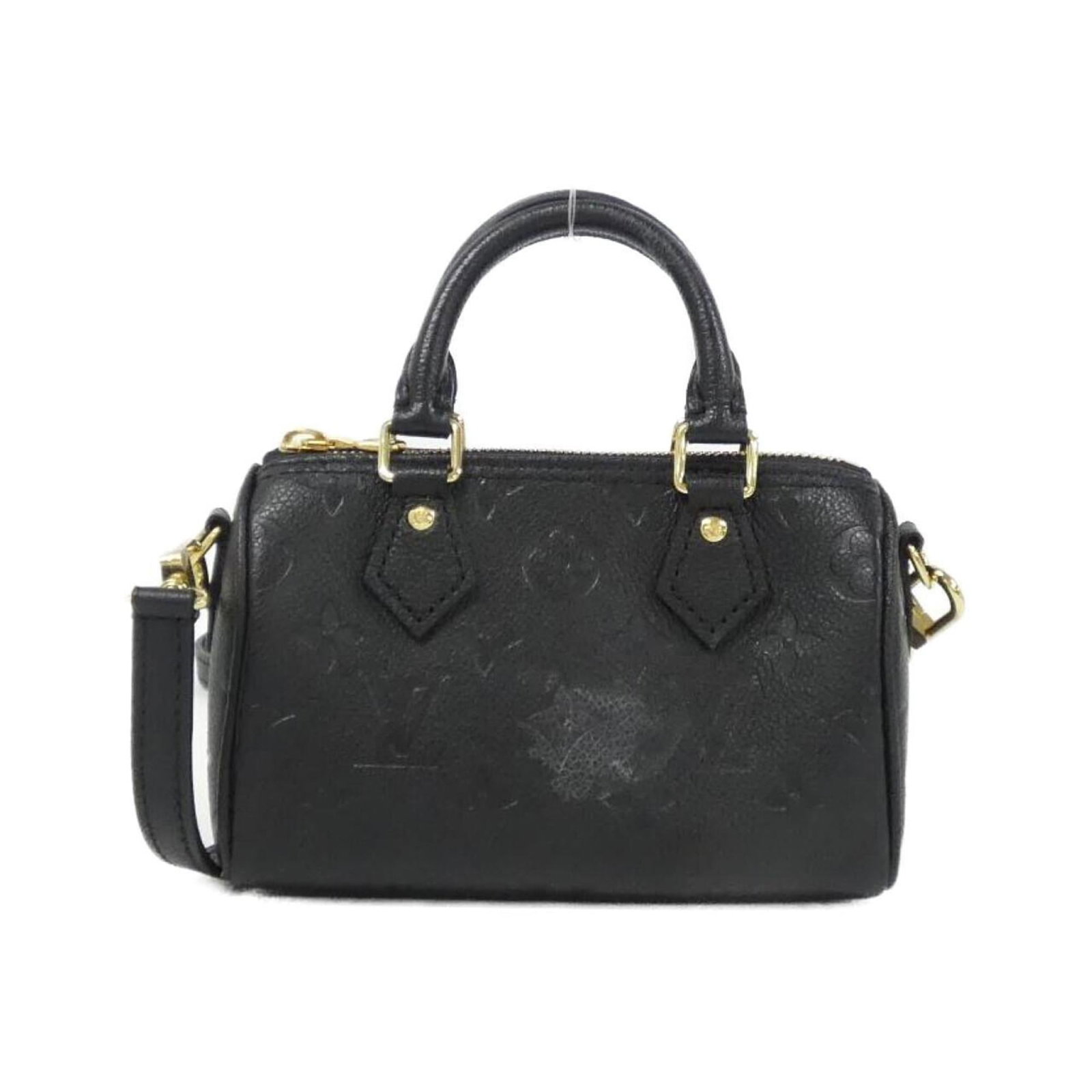 Handbag Leather Louis Vuitton: Handbag Leather Louis Vuitton Used Louis Vuitton handbag in black leather, measuring 10cm x 16cm x 7cm. The bag features a classic design with some scratches and dirt, giving it a worn-in look. Overal