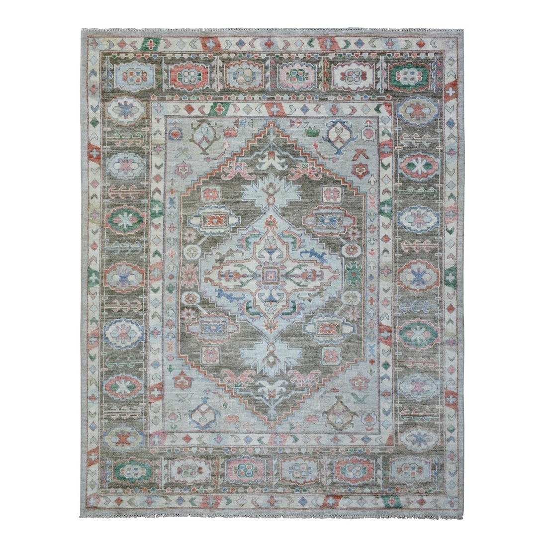 8'2"x10'3" Gray Soft Wool Hand Knotted Anatolian Village Inspired Rug: 8'2"x10'3" Gray Soft Wool Hand Knotted Anatolian Village Inspired Rug Gray Soft Wool Hand Knotted Anatolian Village Inspired Rug features a rectangular field with an intricate Oriental Regional Design