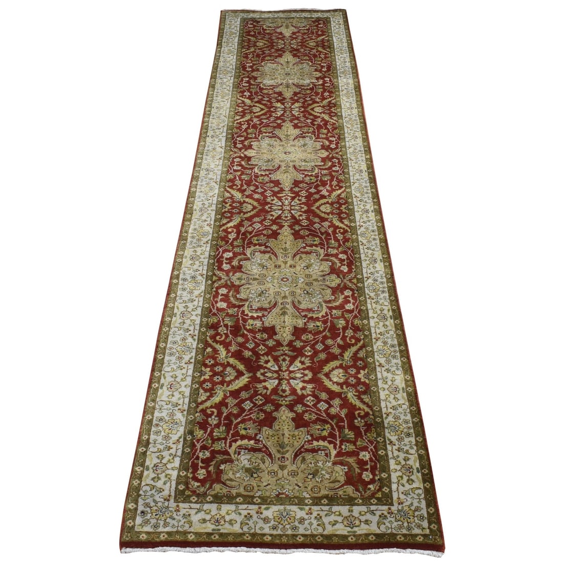 2'4"x11'5" Barn Red Kishoon Revival Wool Hand Knotted 300 KPSI Runner Rug: 2'4"x11'5" Barn Red Kishoon Revival Wool Hand Knotted 300 KPSI Runner Rug Barn Red Kishoon Revival Wool Hand Knotted 300 KPSI Runner Rug - A stunning example of traditional craftsmanship, this