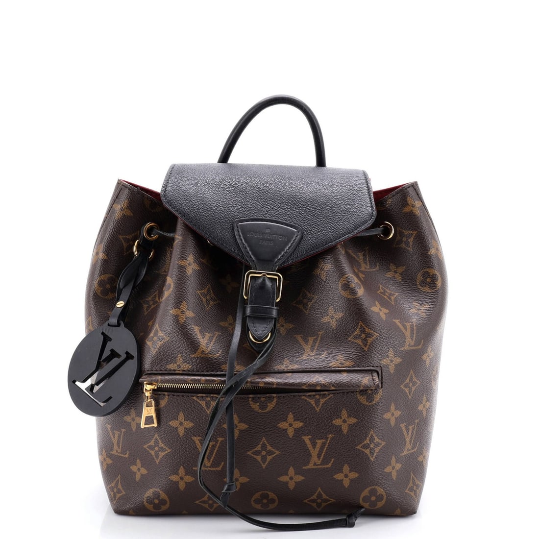 Louis Vuitton Montsouris Backpack Monogram Canvas: Louis Vuitton Montsouris Backpack Monogram Canvas The Louis Vuitton Montsouris Backpack Monogram Canvas boasts its iconic black monogram canvas exterior, adorned with heavy corner wear and creases. Th