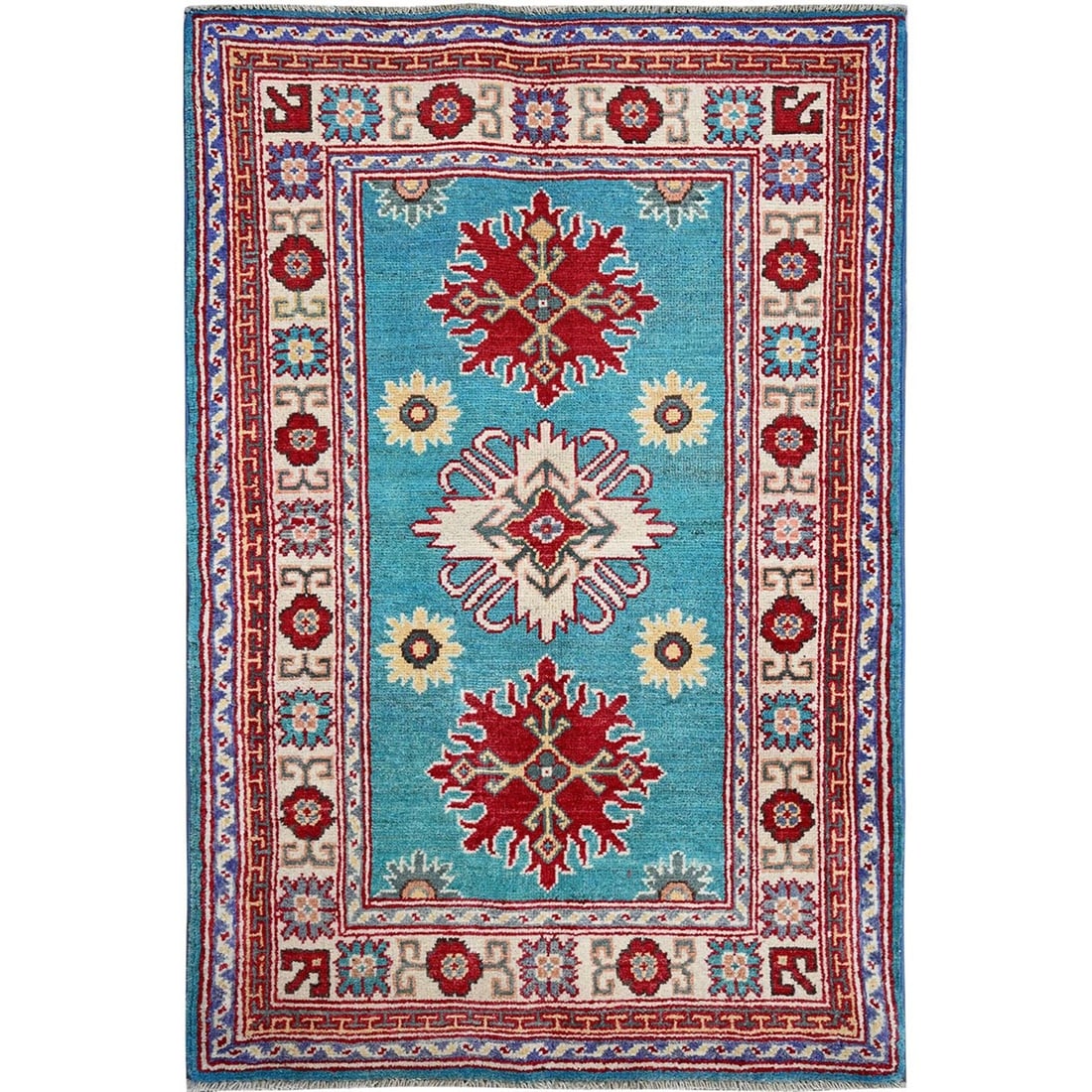 2'7"x4'1" Blue Kazak Tribal Medallions Design All Wool Hand Knotted Mat Rug: 2'7"x4'1" Blue Kazak Tribal Medallions Design All Wool Hand Knotted Mat Rug Hand-knotted in wool, this blue Kazak tribal medallions design rectangular field rug boasts a striking geometric pattern
