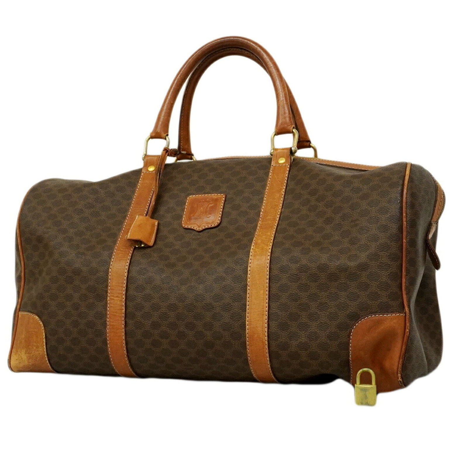 Celine bag pvc: Celine bag pvc Brown Celine Boston Bag in PVC, featuring gold hardware. The bag shows traces of usage with scratches and dirt, but remains in good condition overall. Measuring 23.5cm x 46cm x 22cm,